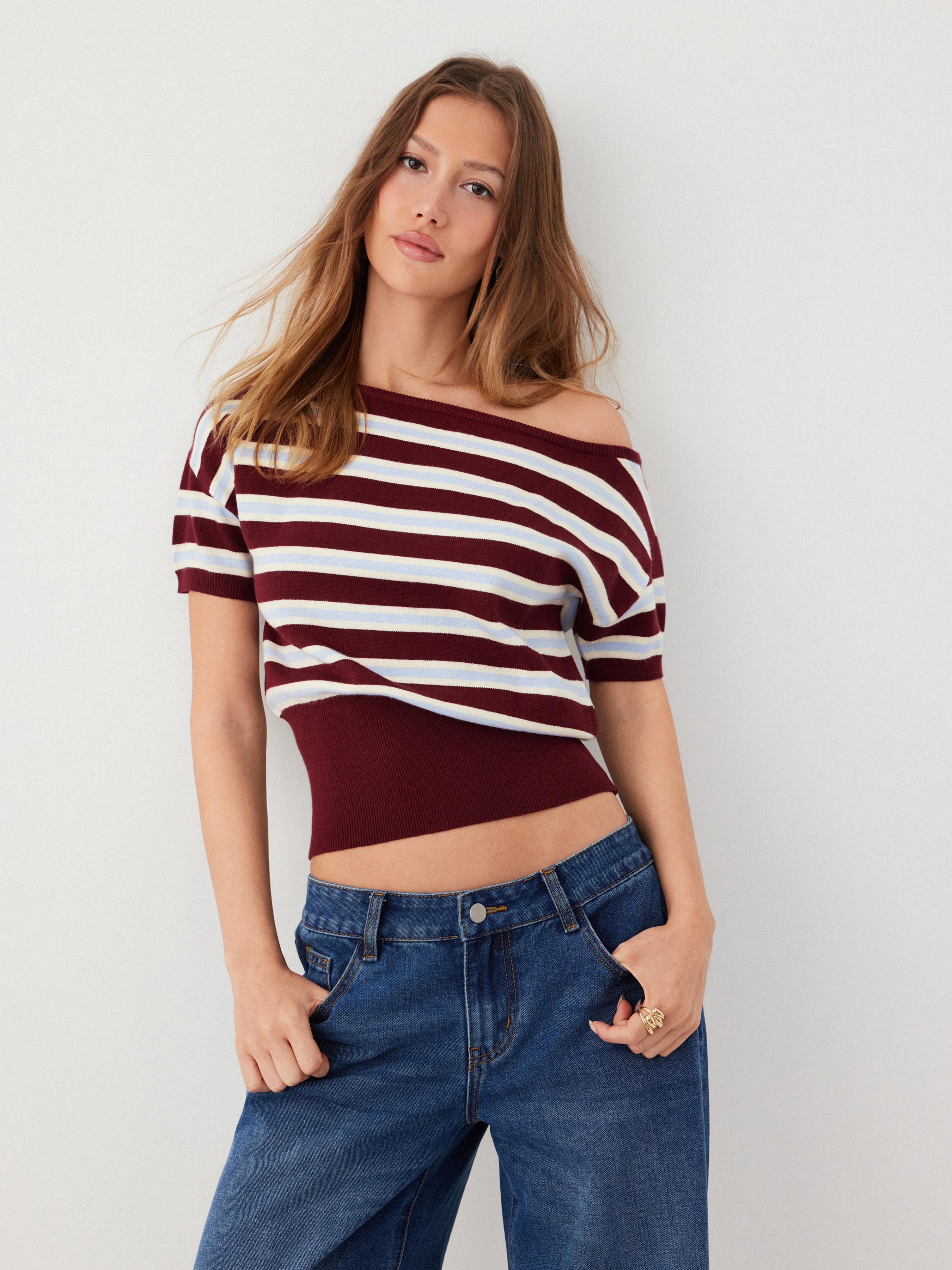Knit Stripe Asymmetrical Neck Short Sleeve Top by CIDER