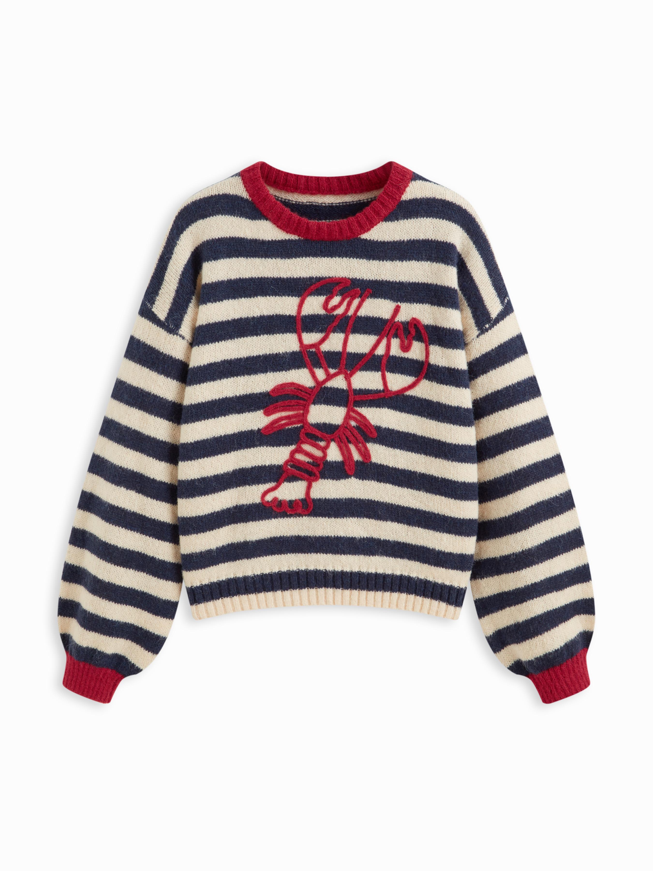 Knit Stripe Lobster Graphic Long Sleeve Contrasting Binding Oversized Sweater by CIDER