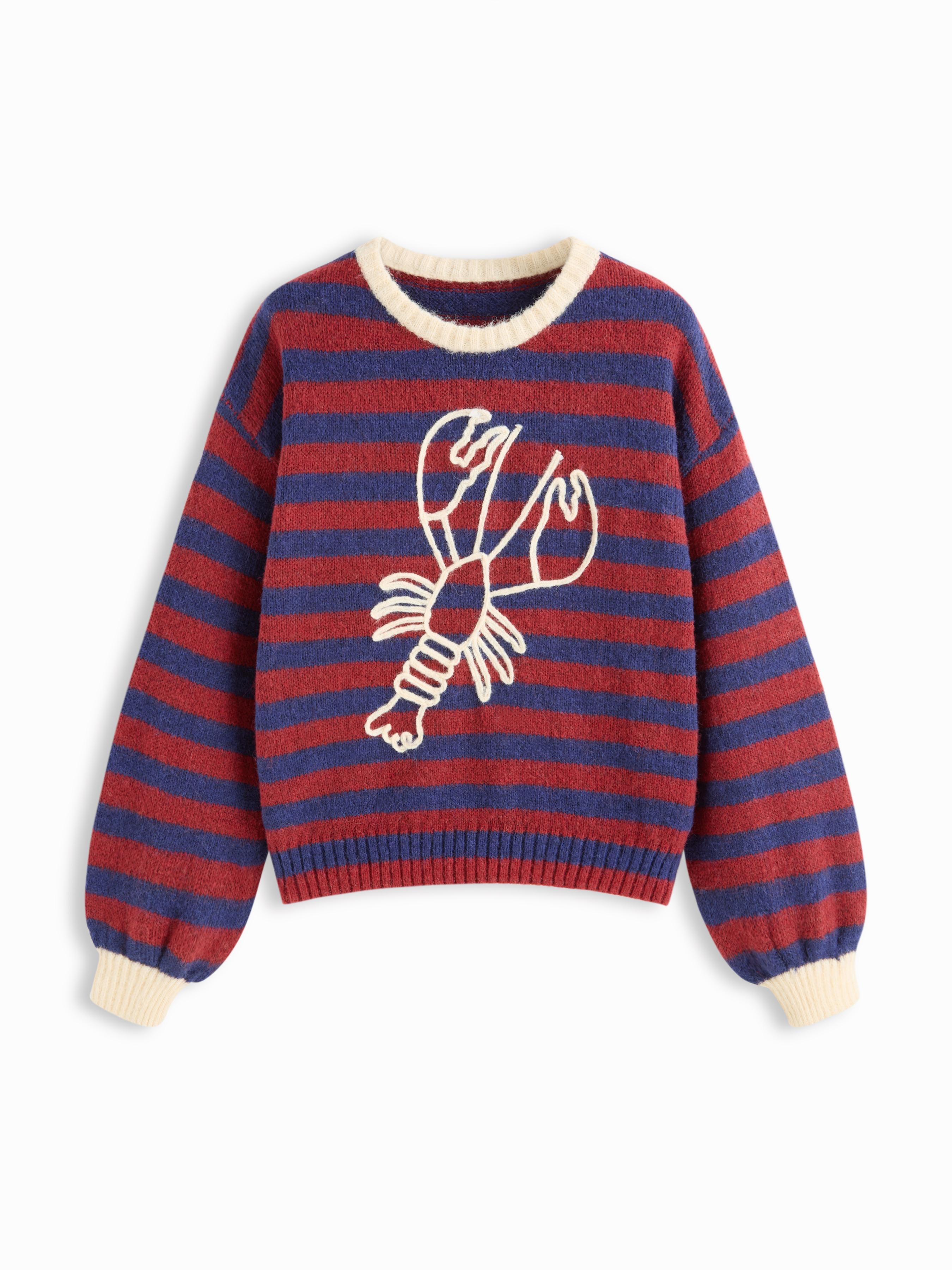 Knit Stripe Lobster Graphic Long Sleeve Contrasting Binding Oversized Sweater by CIDER