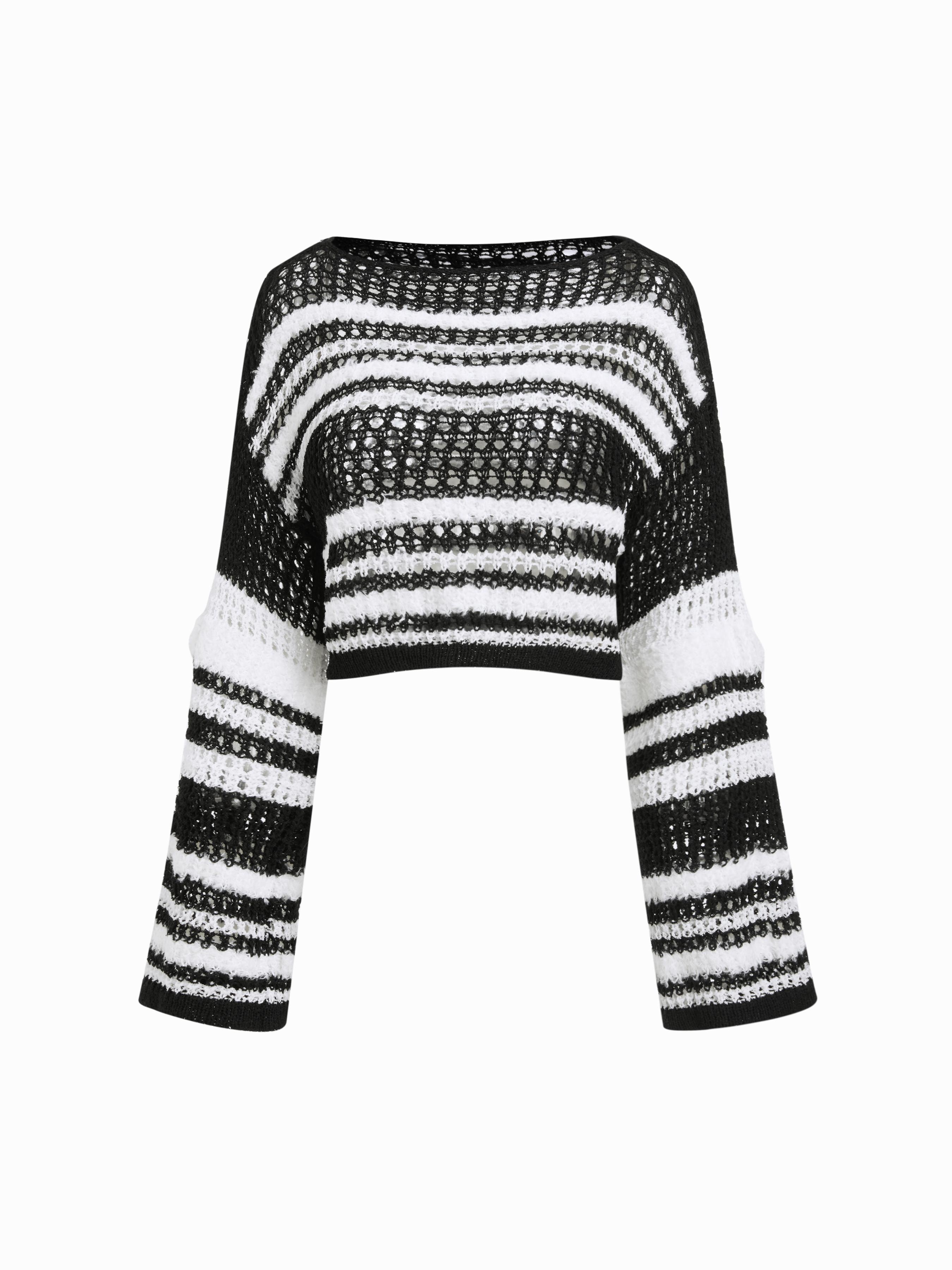Knit Striped Boat Neck Hollow Out See-through Oversized Crop Top by CIDER