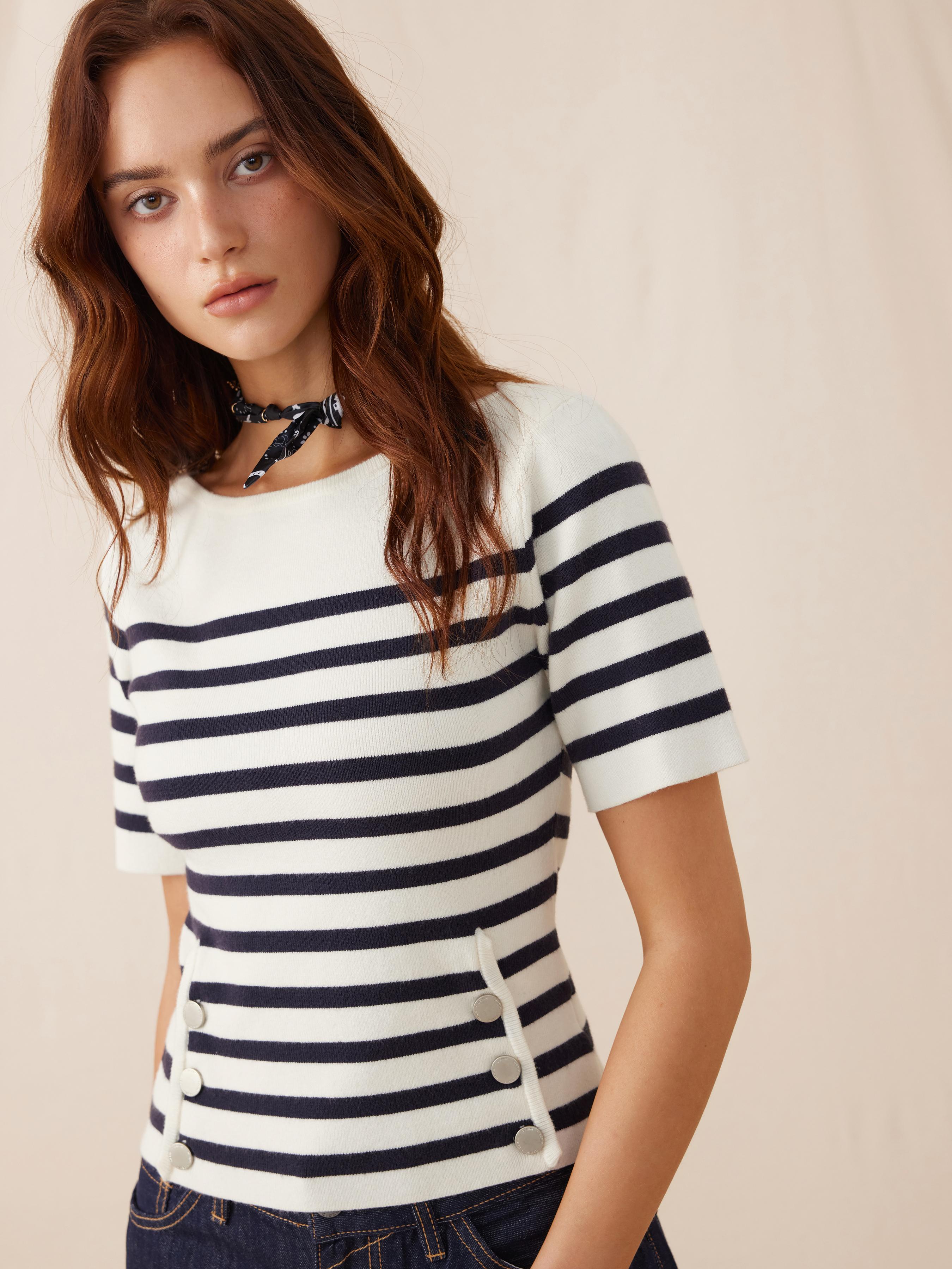 Knit Striped Boat Neck Metal Detail Short Sleeve Top by CIDER