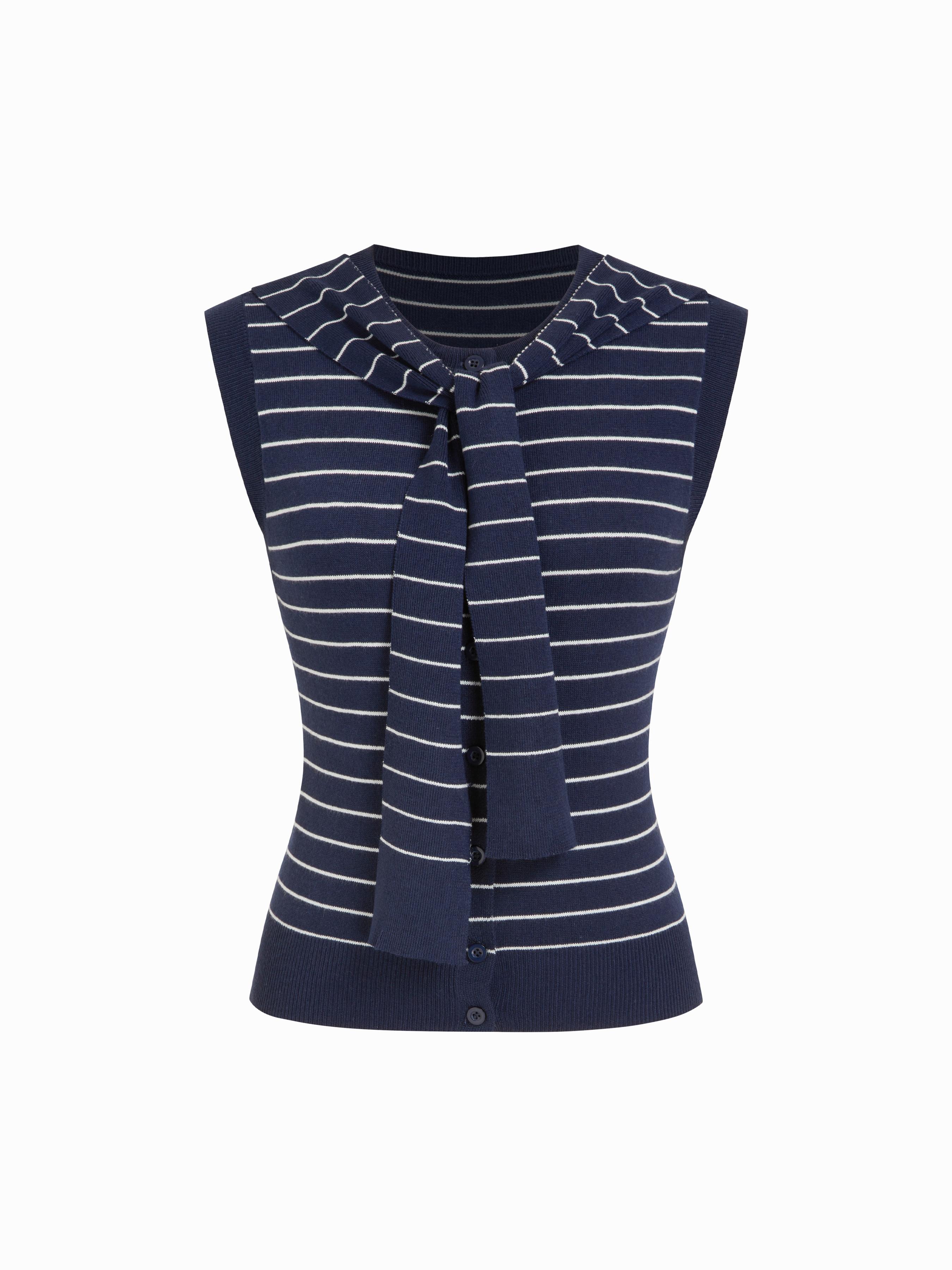 Knit Striped Button Through Top With Scarf by CIDER