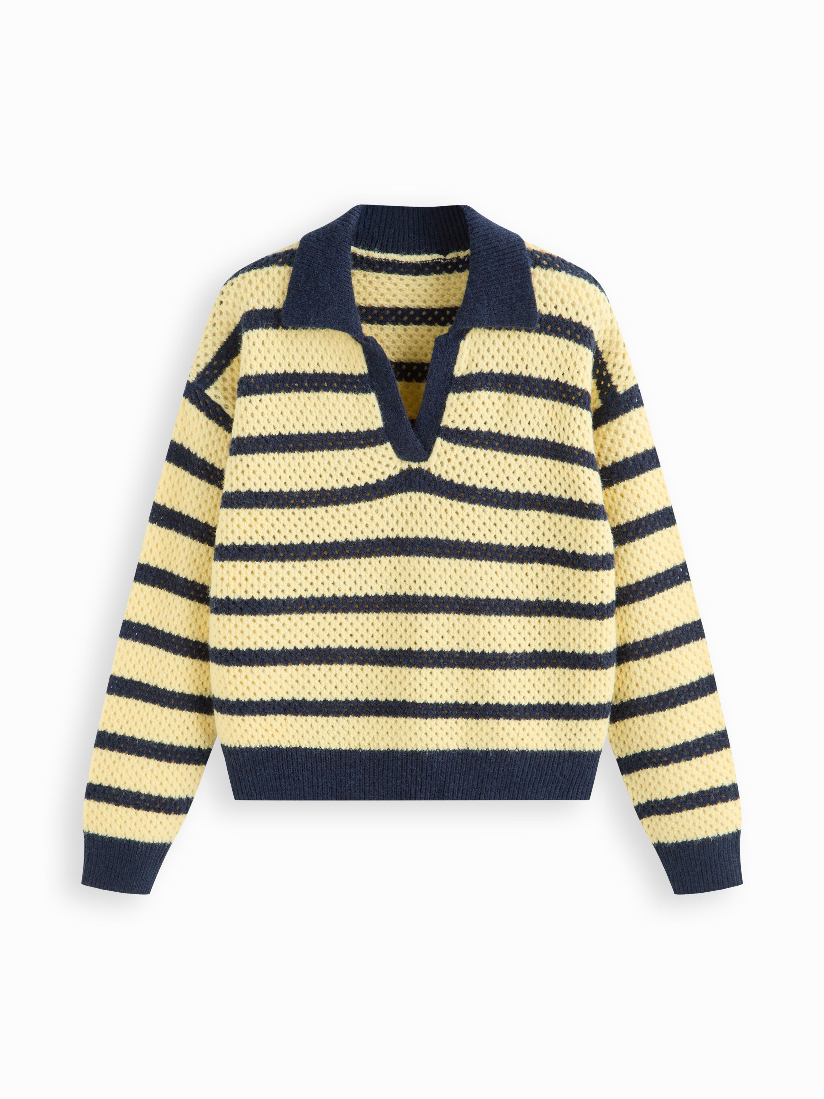 Knit Striped Collar V-neck Long Sleeve Hollow Out Oversized Sweater by CIDER