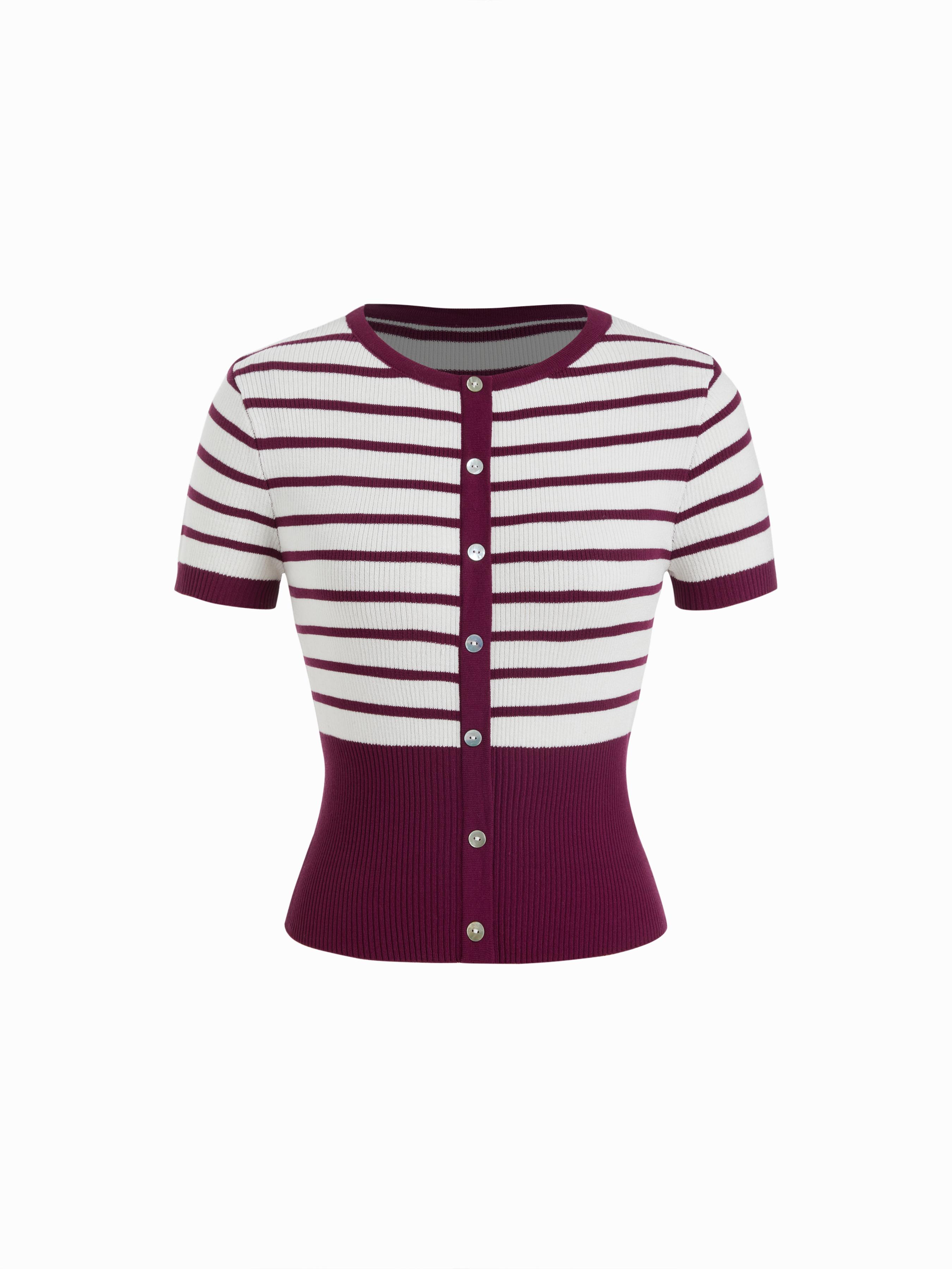 Knit Striped High Stretch Short Sleeve Cardigan With Pearl Buttons by CIDER