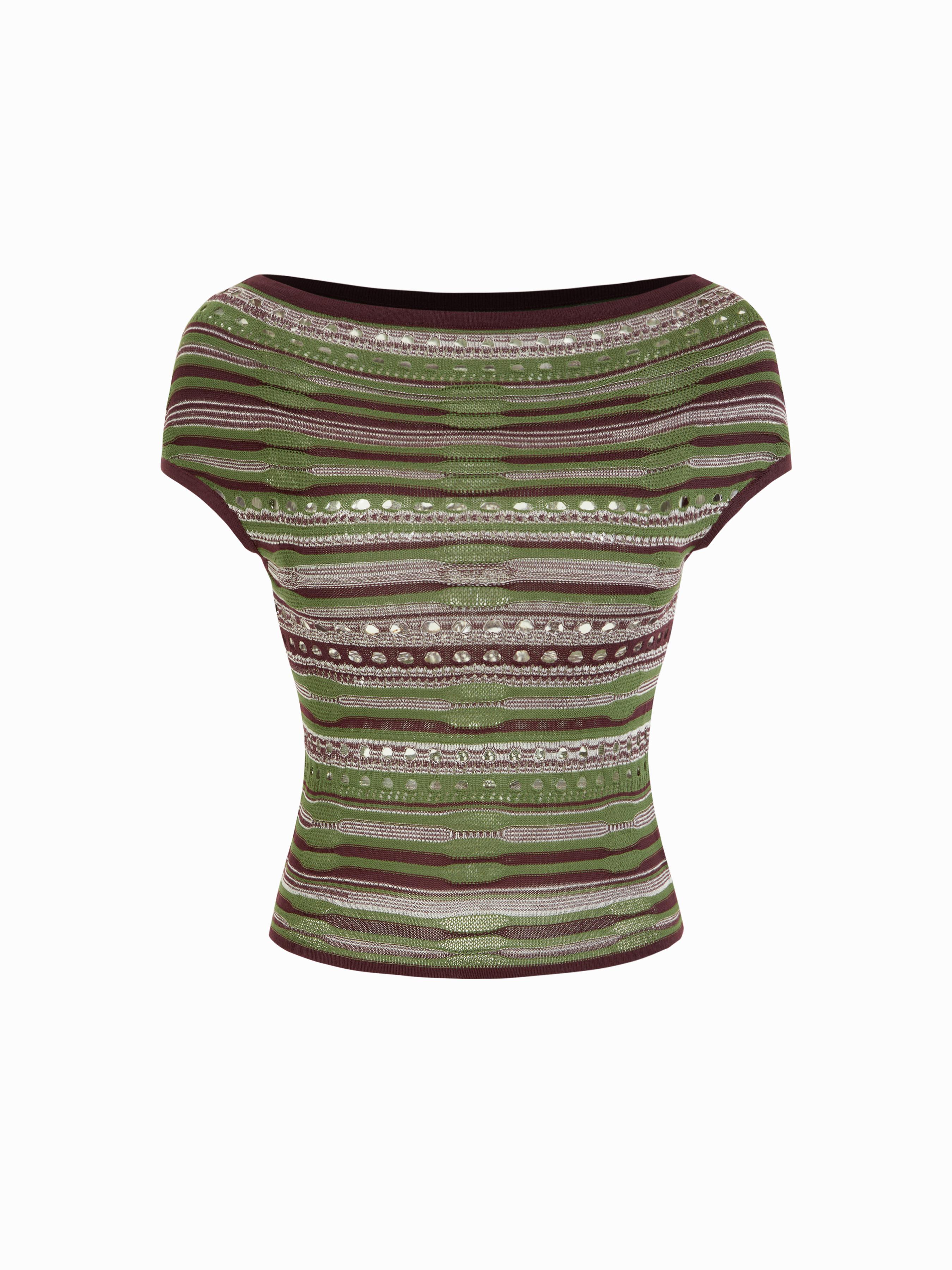 Knit Striped Pointelle Off-Shoulder Short Sleeve Top by CIDER