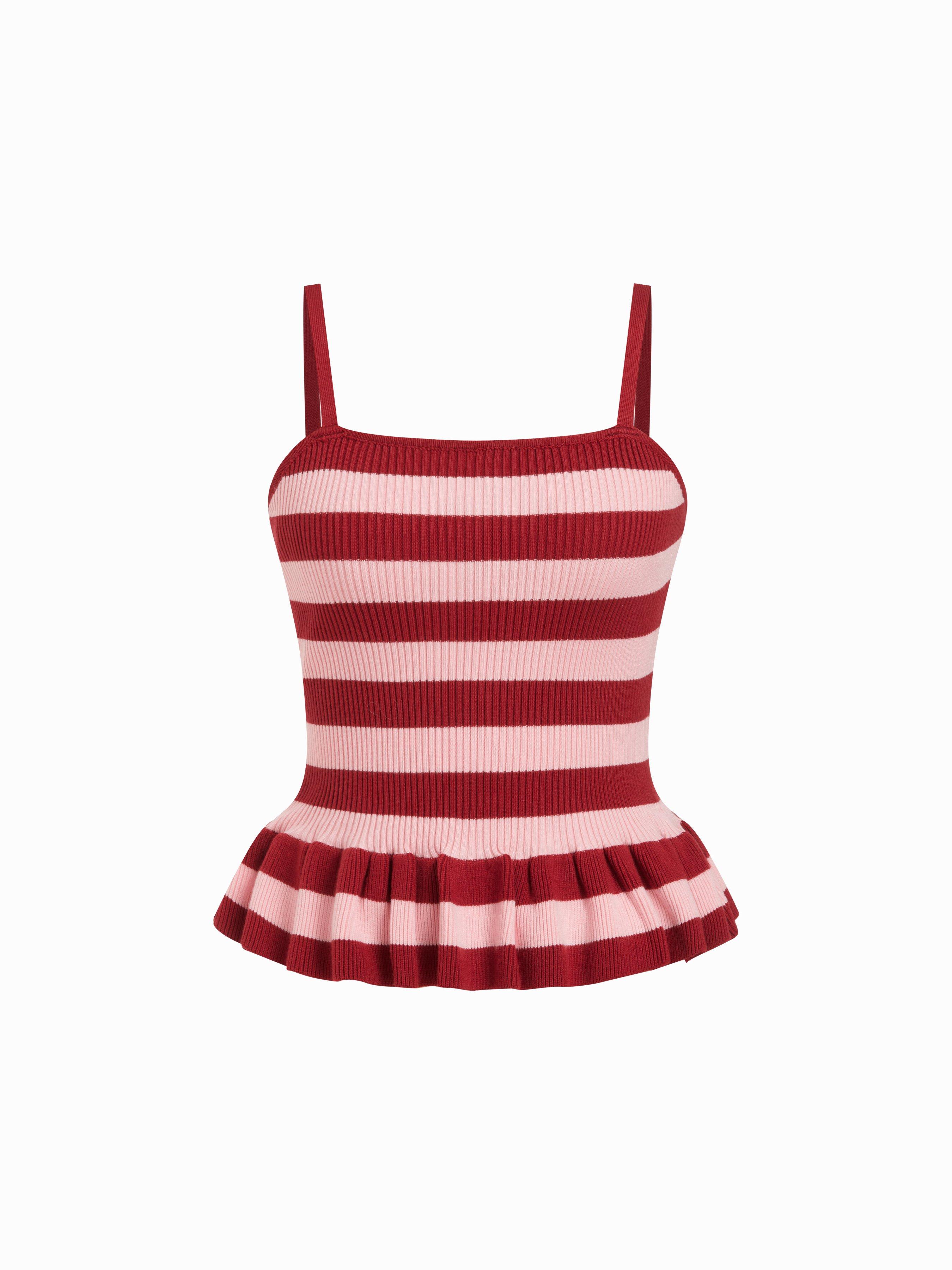 Knit Striped Square Neckline Peplum Hem Cami Top by CIDER
