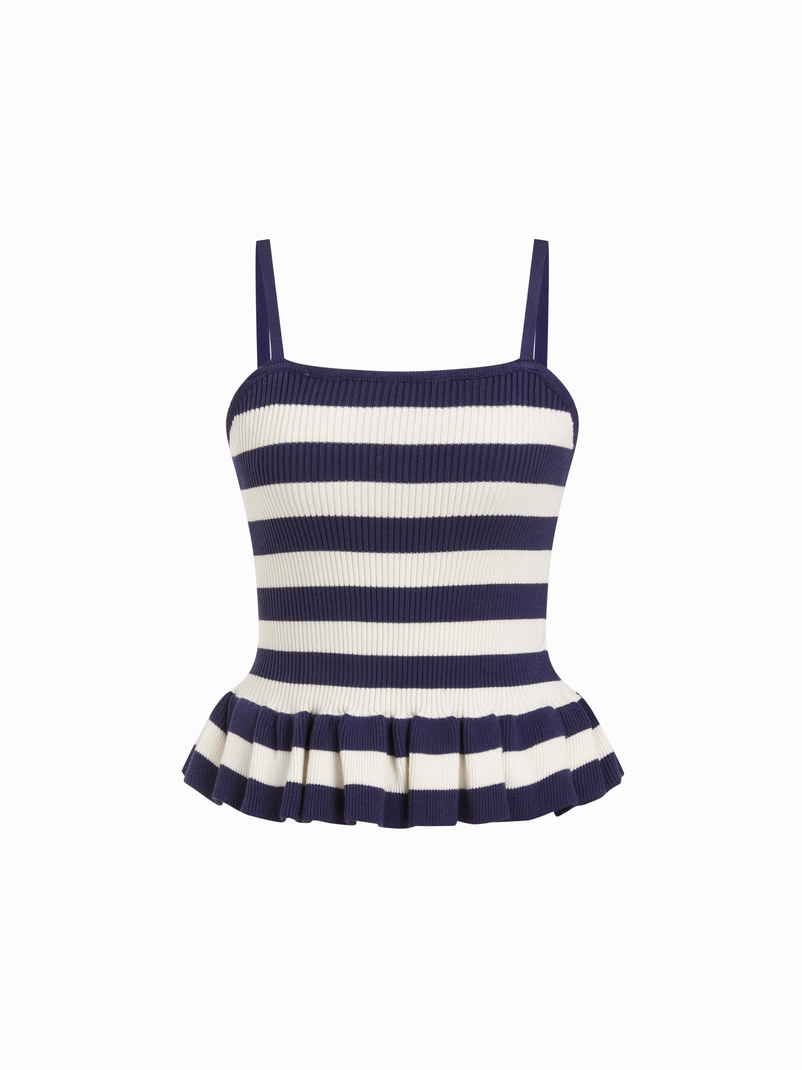 Knit Striped Square Neckline Peplum Hem Cami Top by CIDER