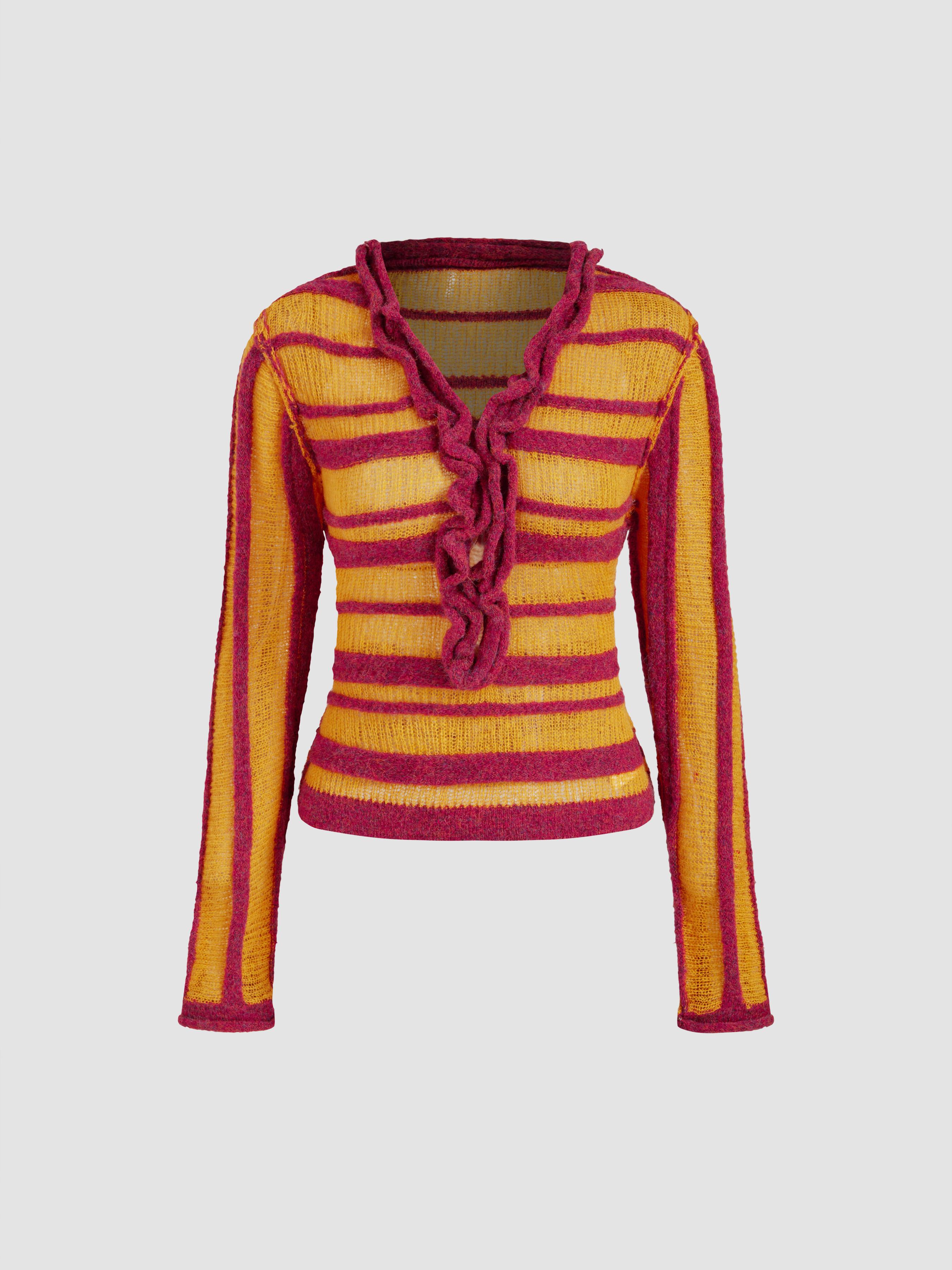 Knit Striped V-neck Long Sleeve Lettuce Trim Top by CIDER