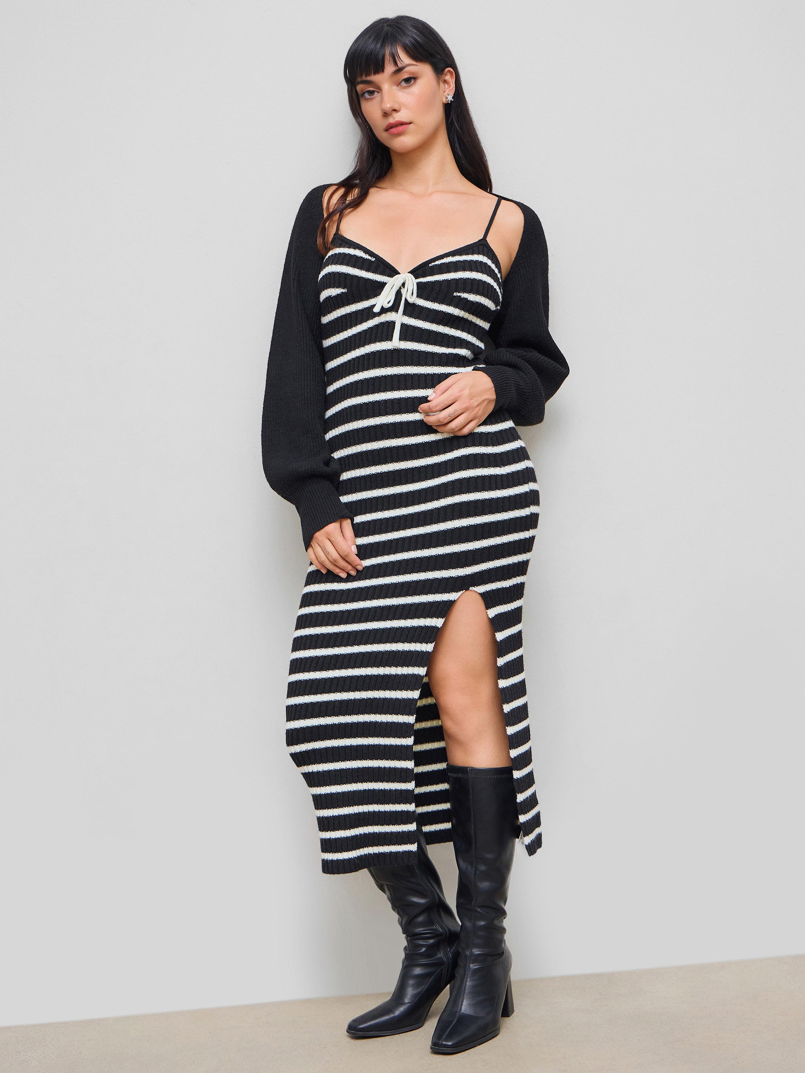 Knit Sweetheart Striped Split Maxi Dress & Long Sleeve Shrug Set by CIDER