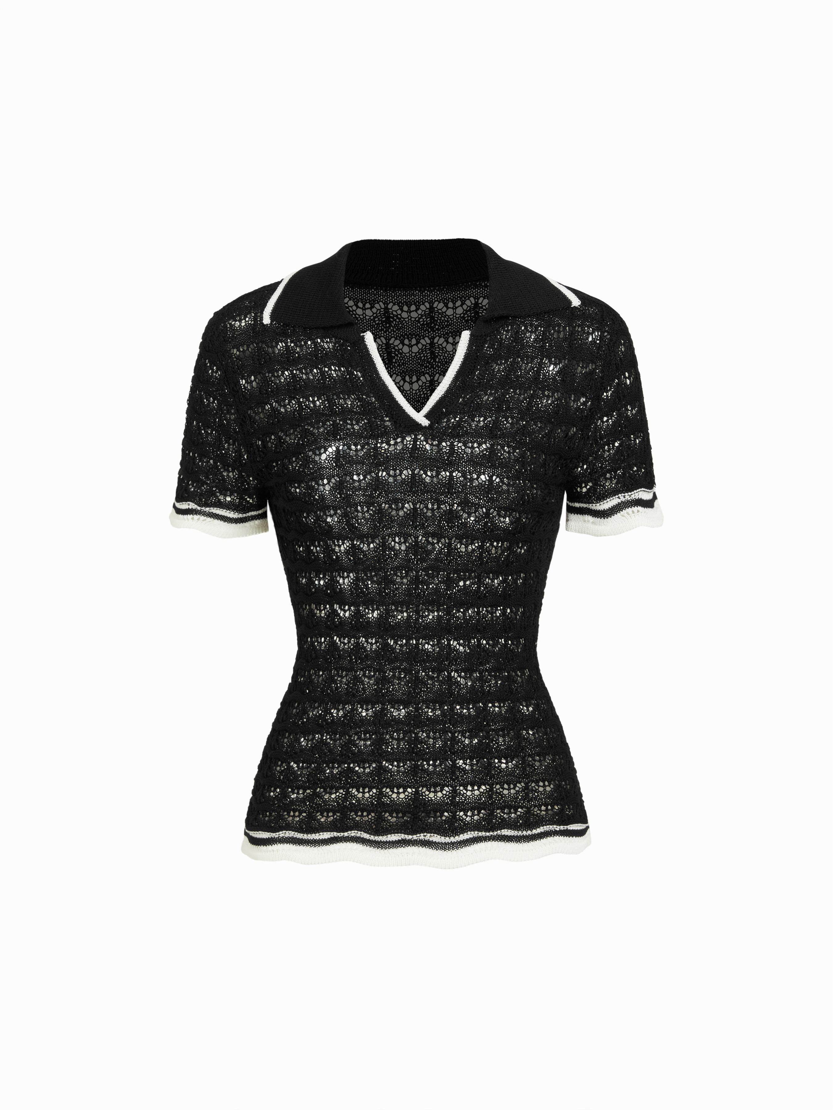Knit Textured Contrast Trim Polo Short Sleeve Top by CIDER