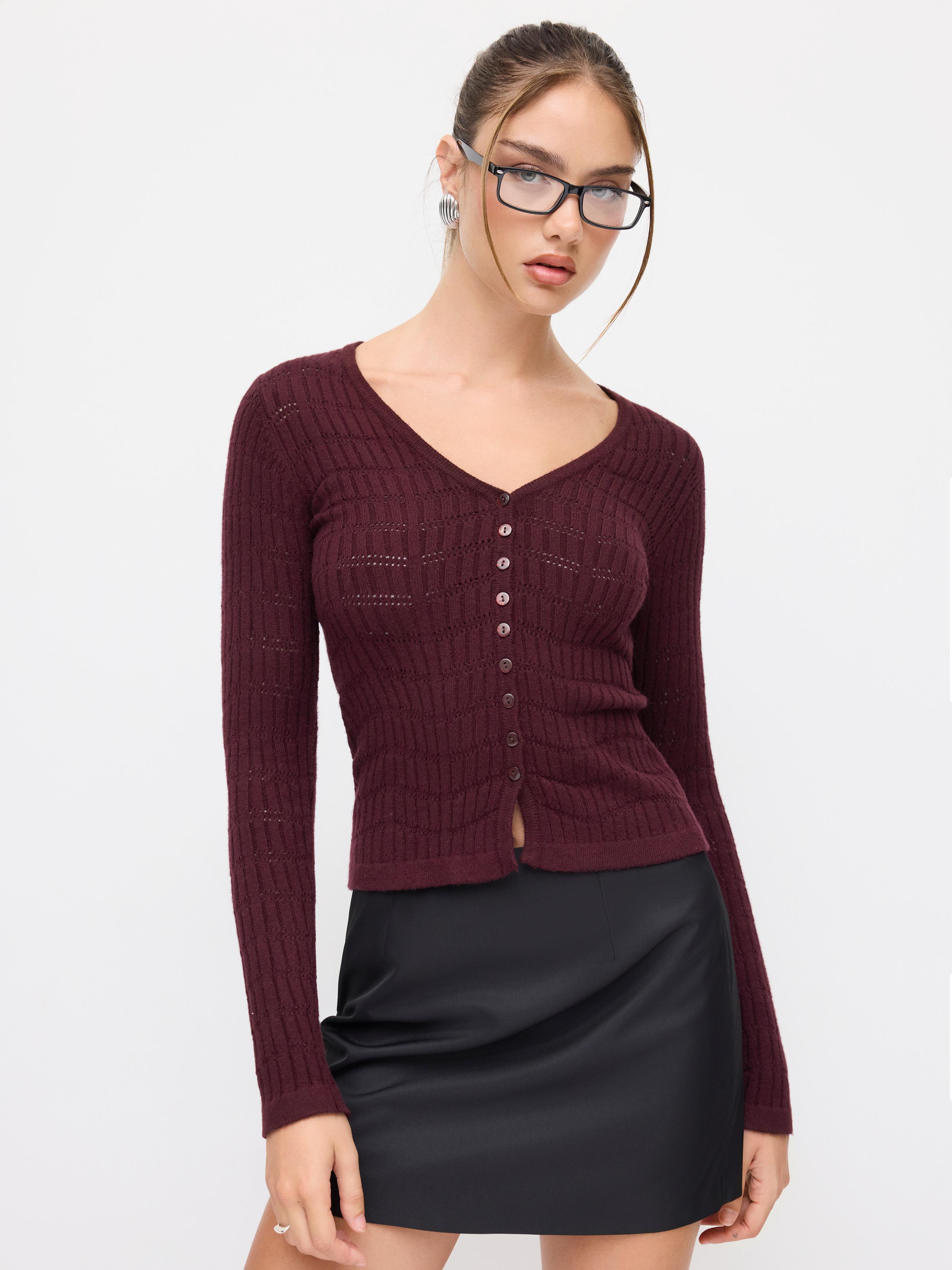 Knit Textured V-neck Long Sleeve Button Cardigan by CIDER