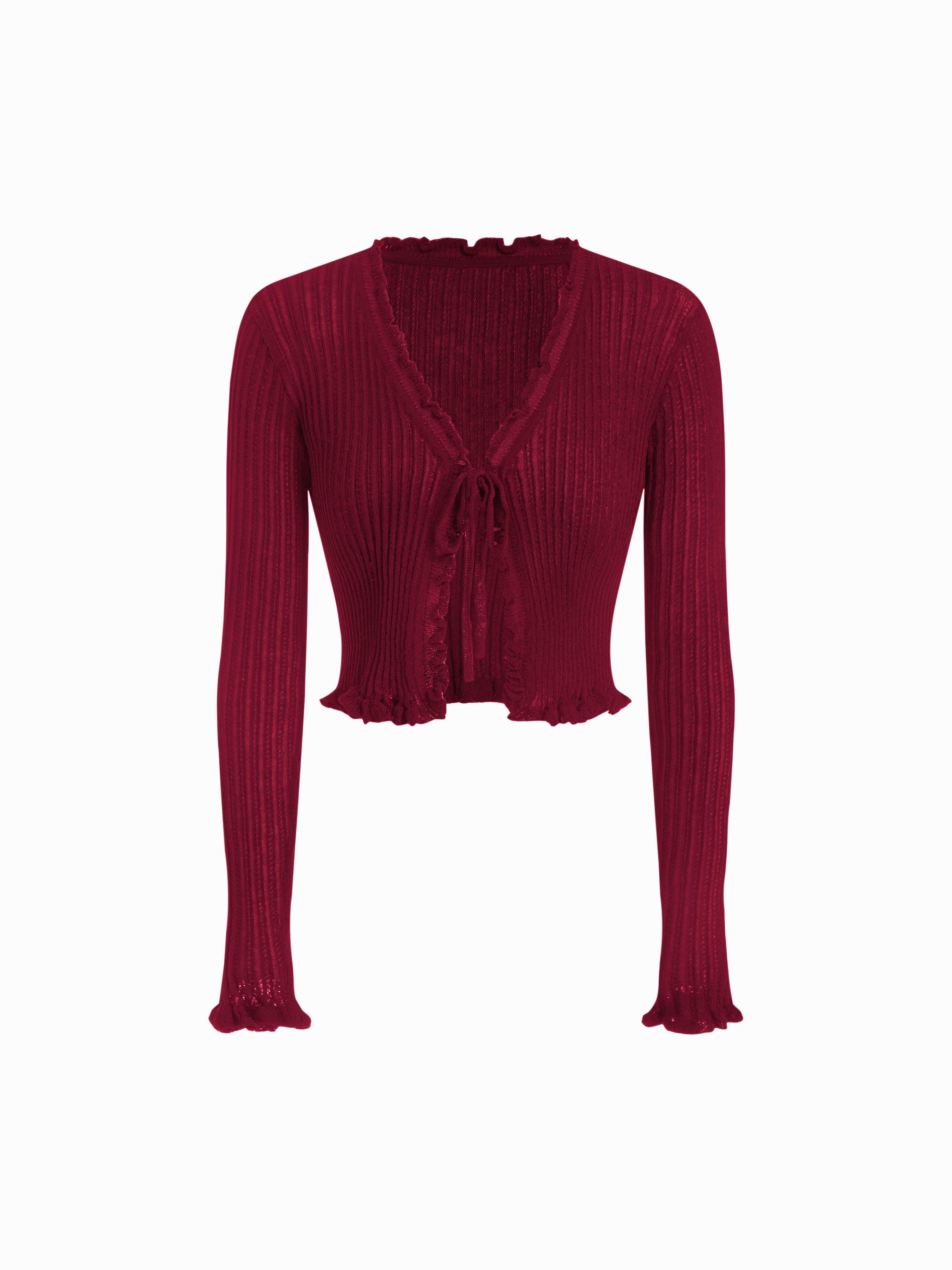 Knit Textured V-neck Tie Front Ruffle Sleeve Crop Top by CIDER