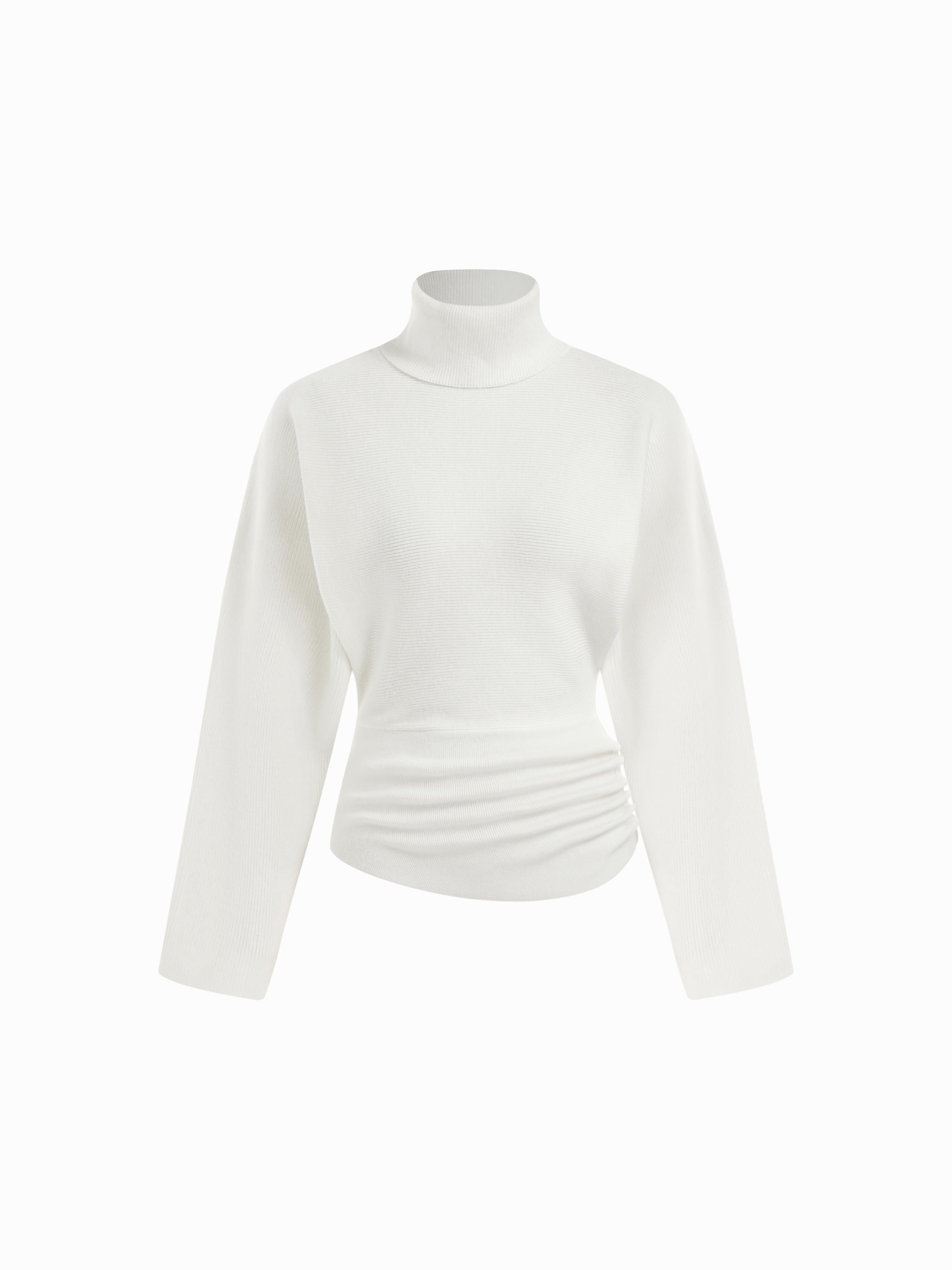 Knit Turtleneck Long Sleeve Button Side Ruched Cinched Waist Top by CIDER