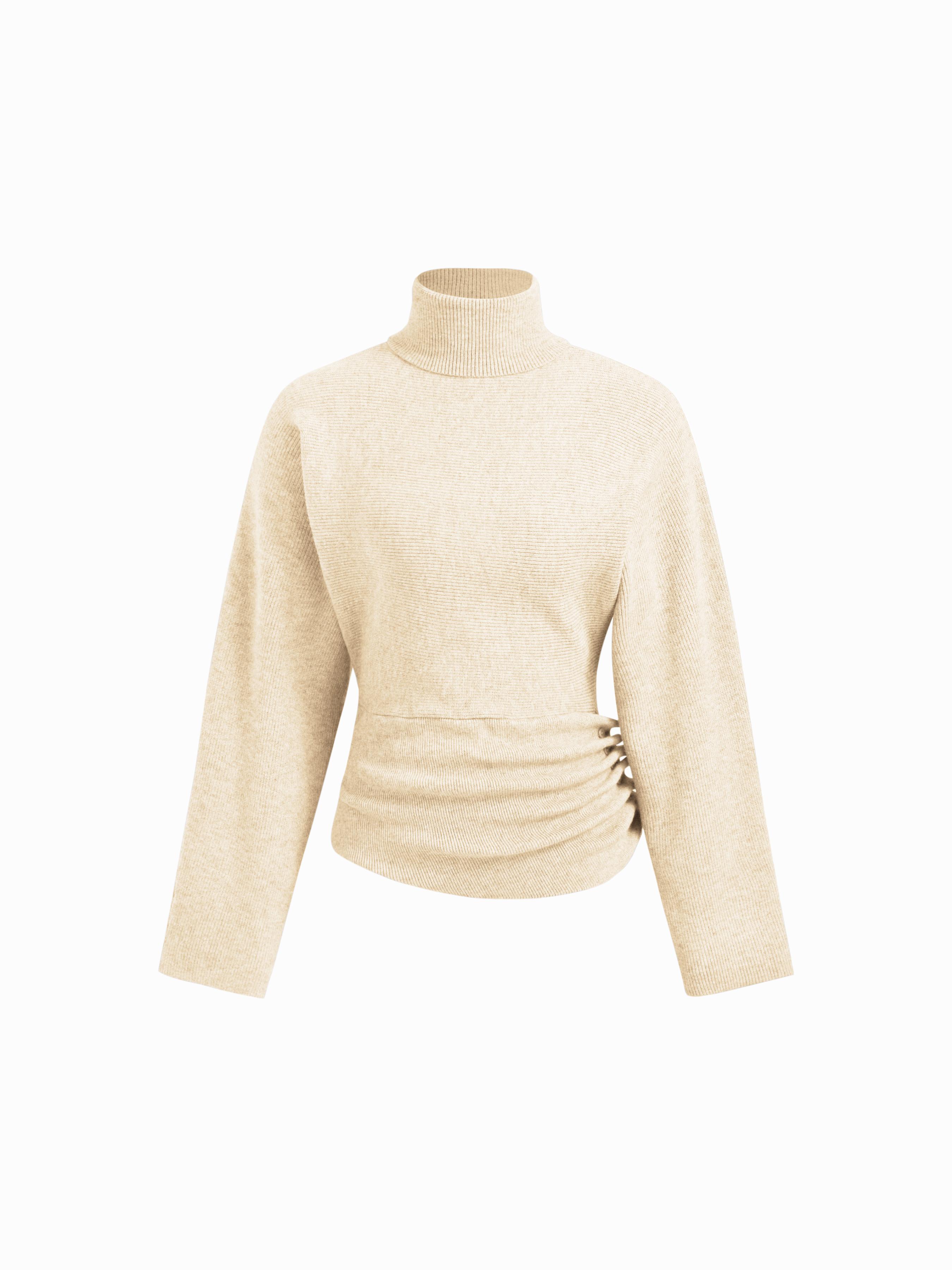 Knit Turtleneck Long Sleeve Button Side Ruched Cinched Waist Top by CIDER