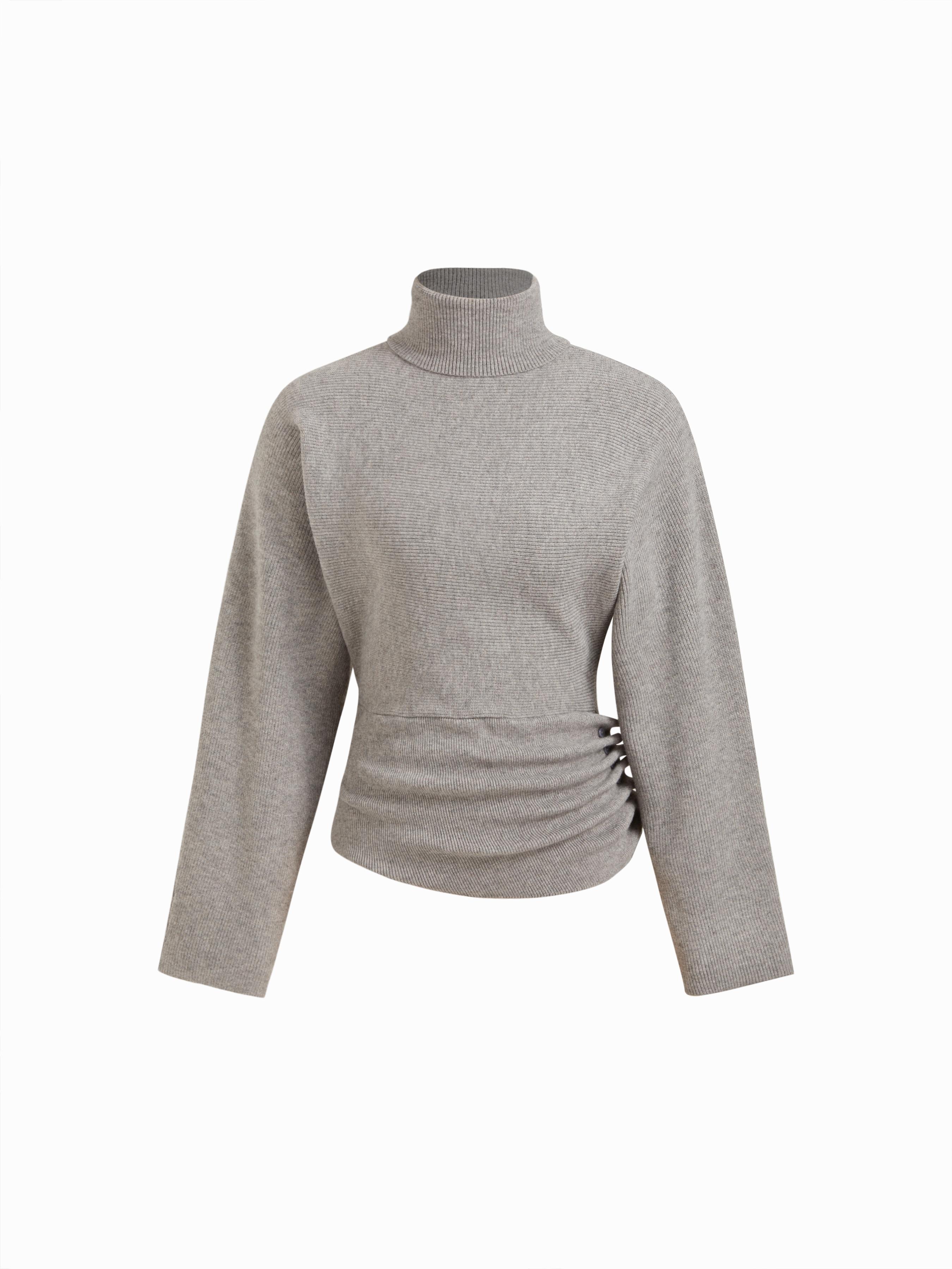 Knit Turtleneck Long Sleeve Button Side Ruched Cinched Waist Top by CIDER