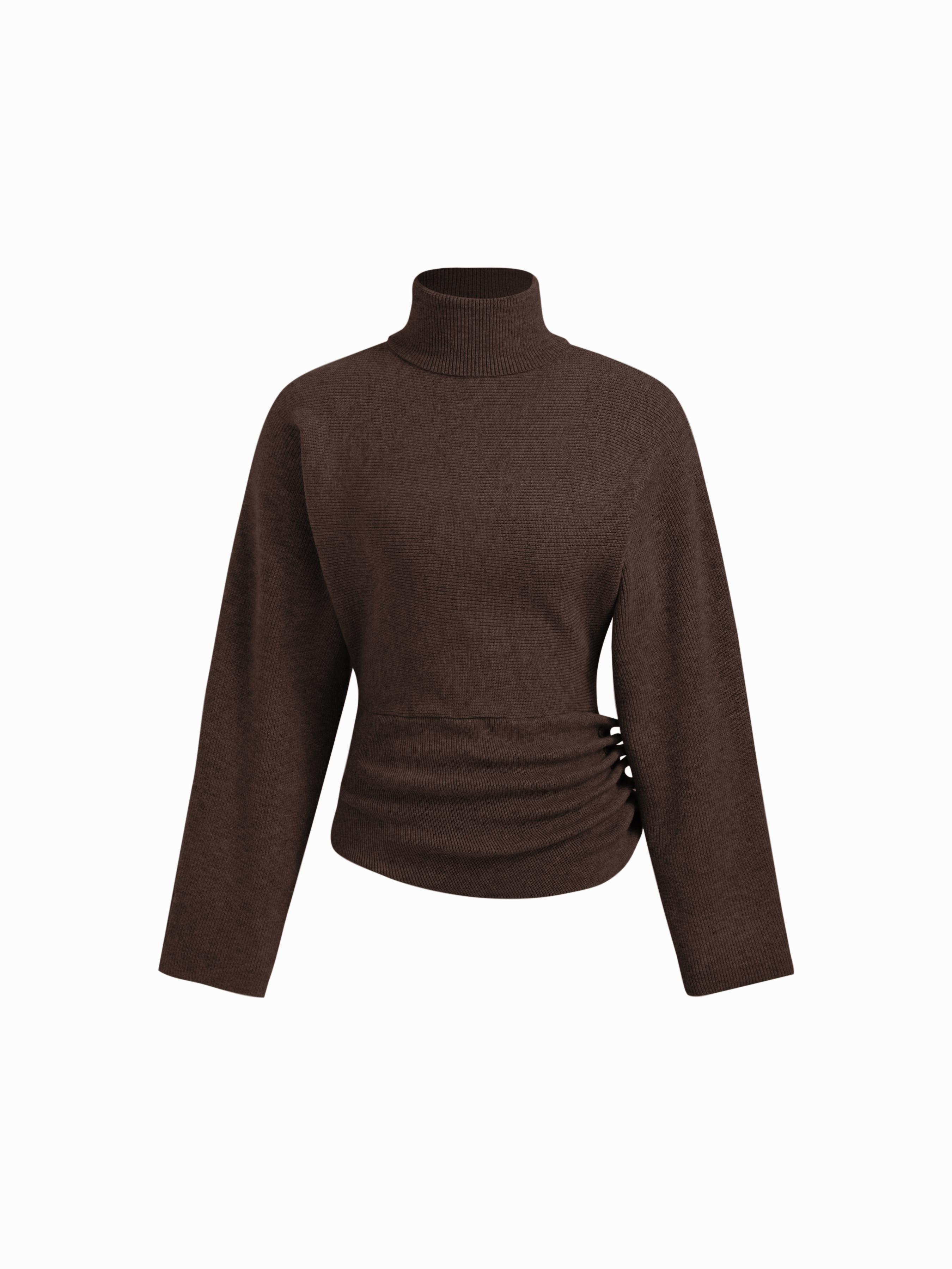 Knit Turtleneck Long Sleeve Button Side Ruched Cinched Waist Top by CIDER