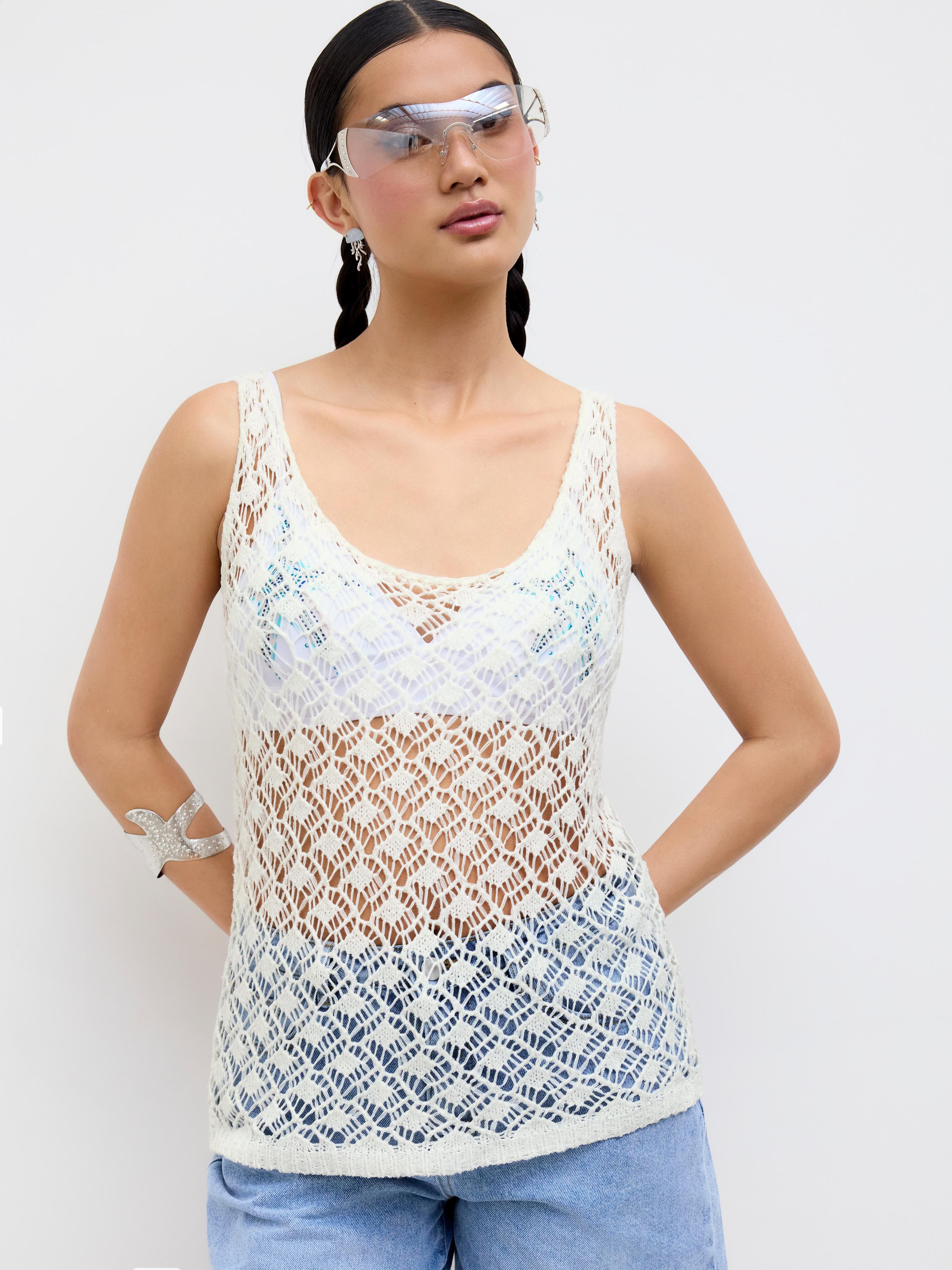Knit U-neckline Hollow Out See-through Oversized Tank Top by CIDER
