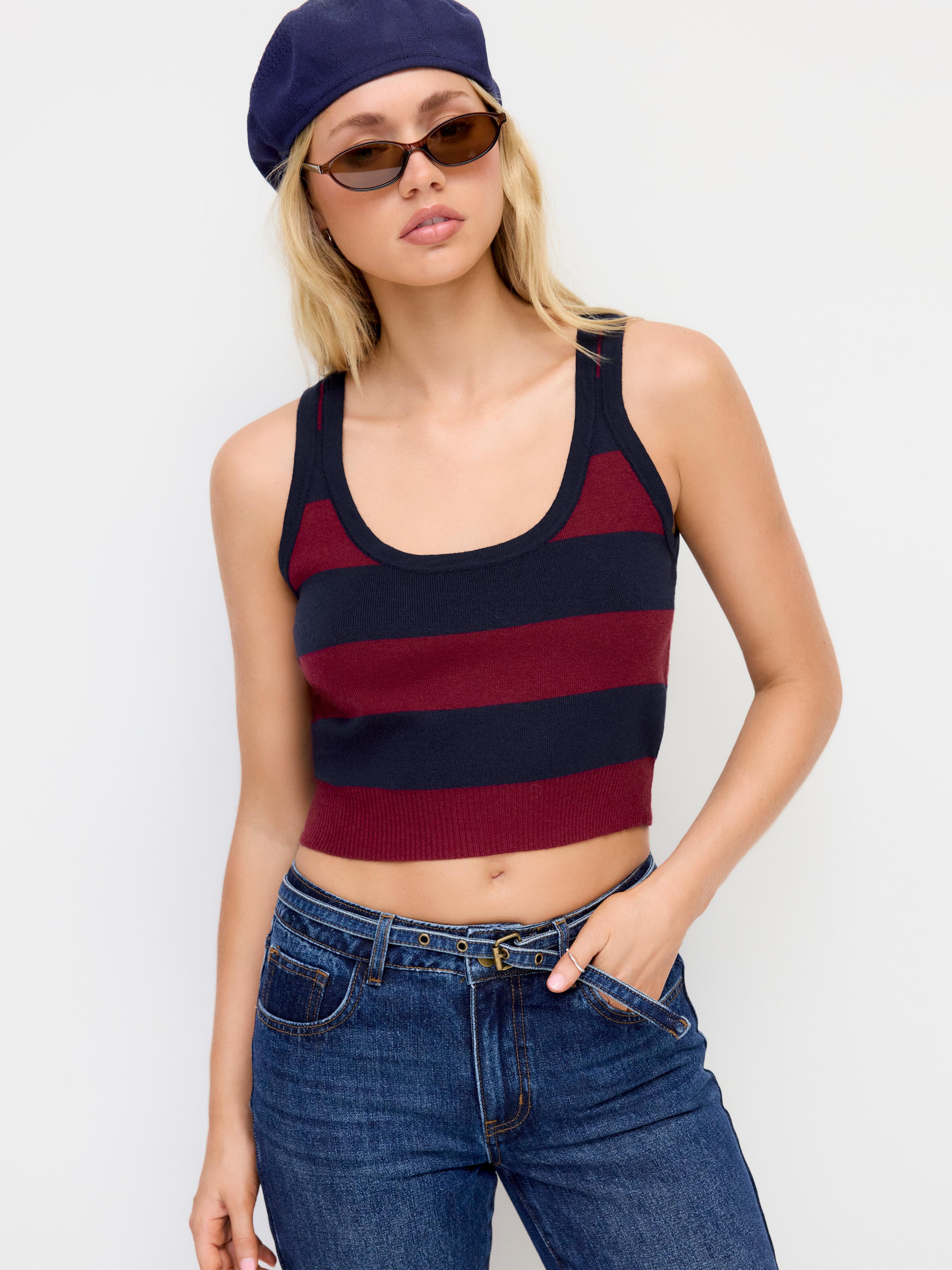 Knit U-neckline Stripe Contrasting Binding Crop Tank Top by CIDER