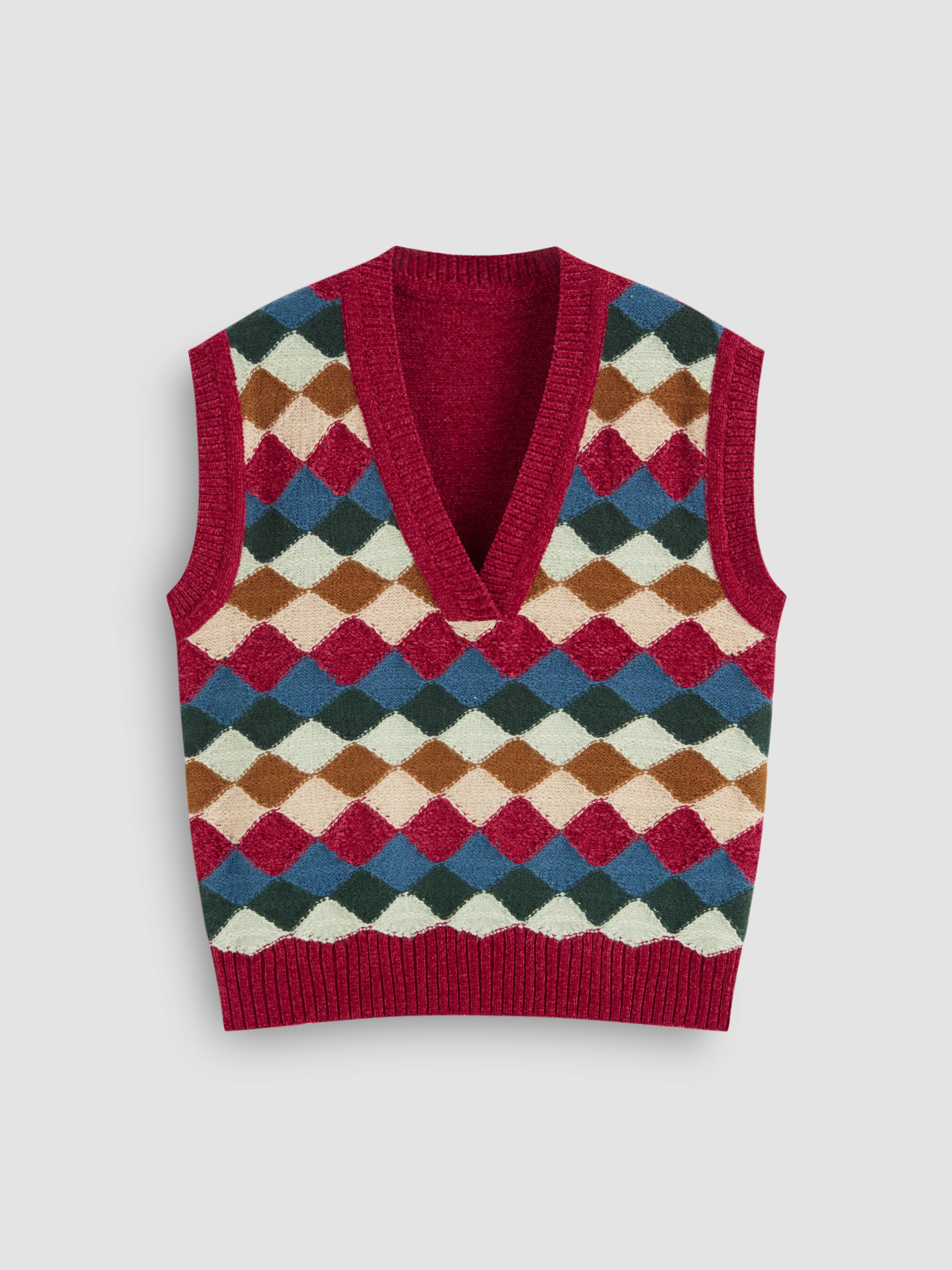 Knit V-neck Argyle Vest by CIDER