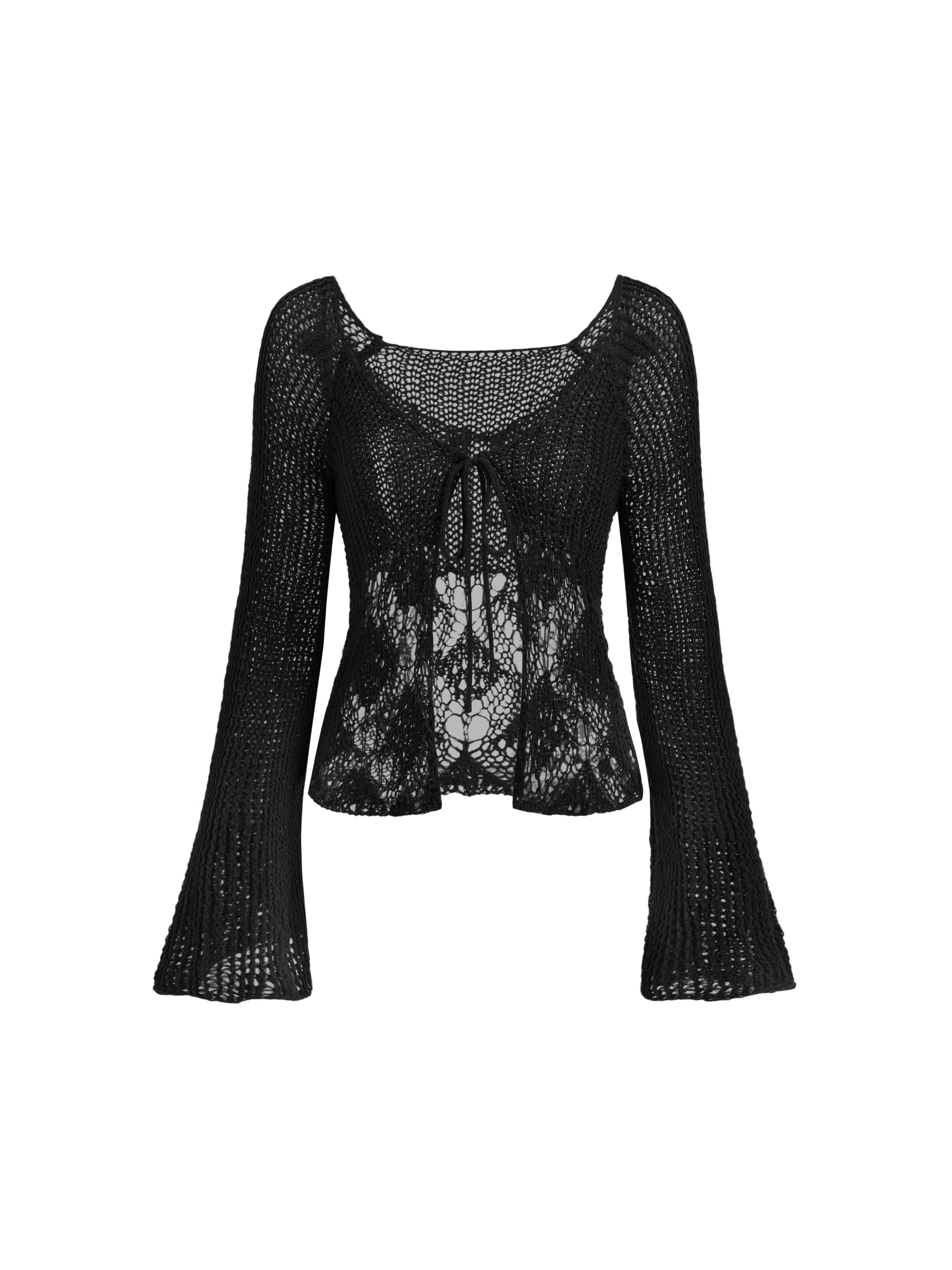 Knit V-neck Bell Sleeve Hollow Out Knotted See-through Cardigan by CIDER