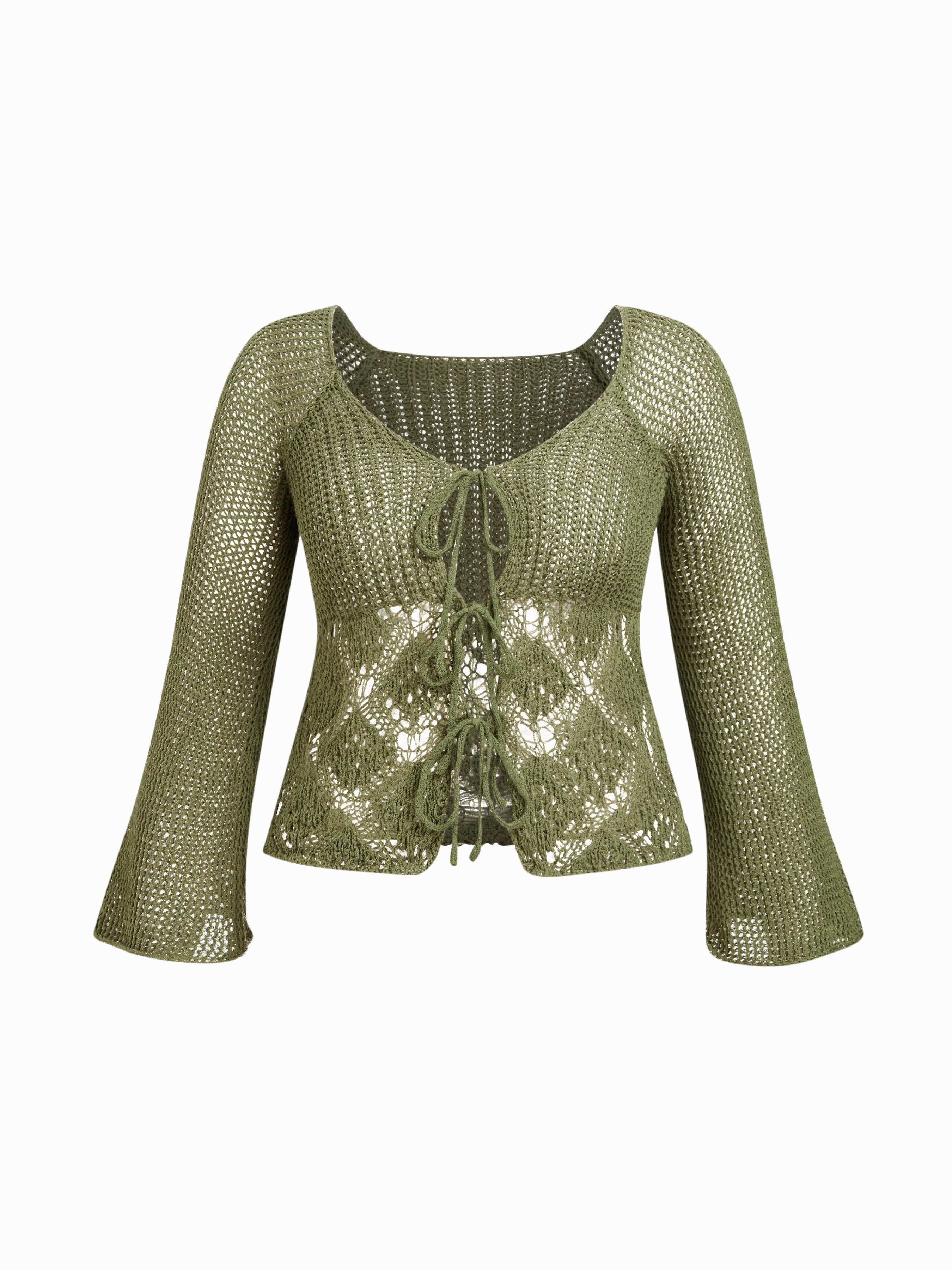 Knit V-neck Bell Sleeve Hollow Out Knotted See-through Top Curve & Plus by CIDER