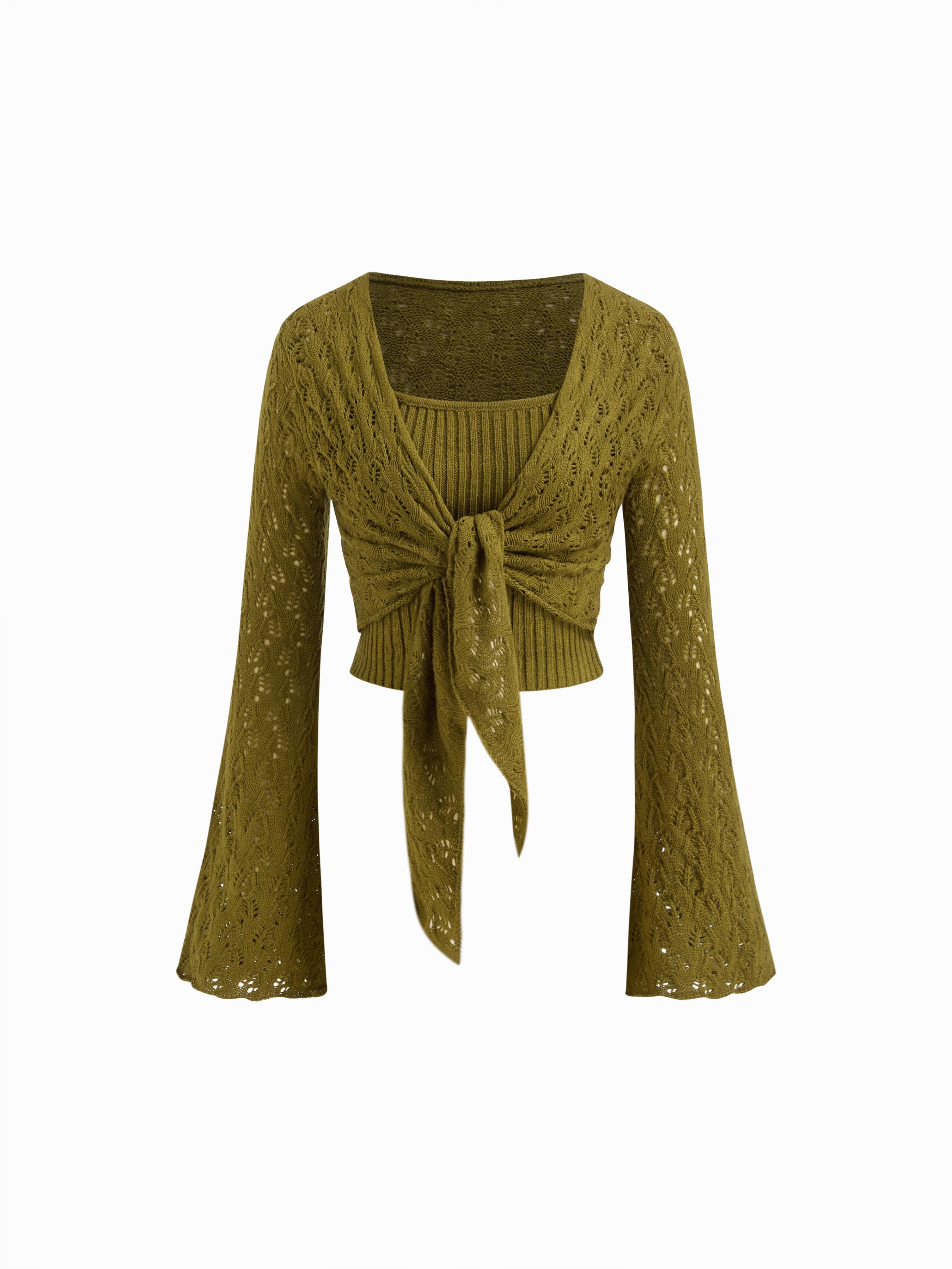 Knit V-neck Bell Sleeve Tie Front Hollow Out Cardigan With Cami Top by CIDER