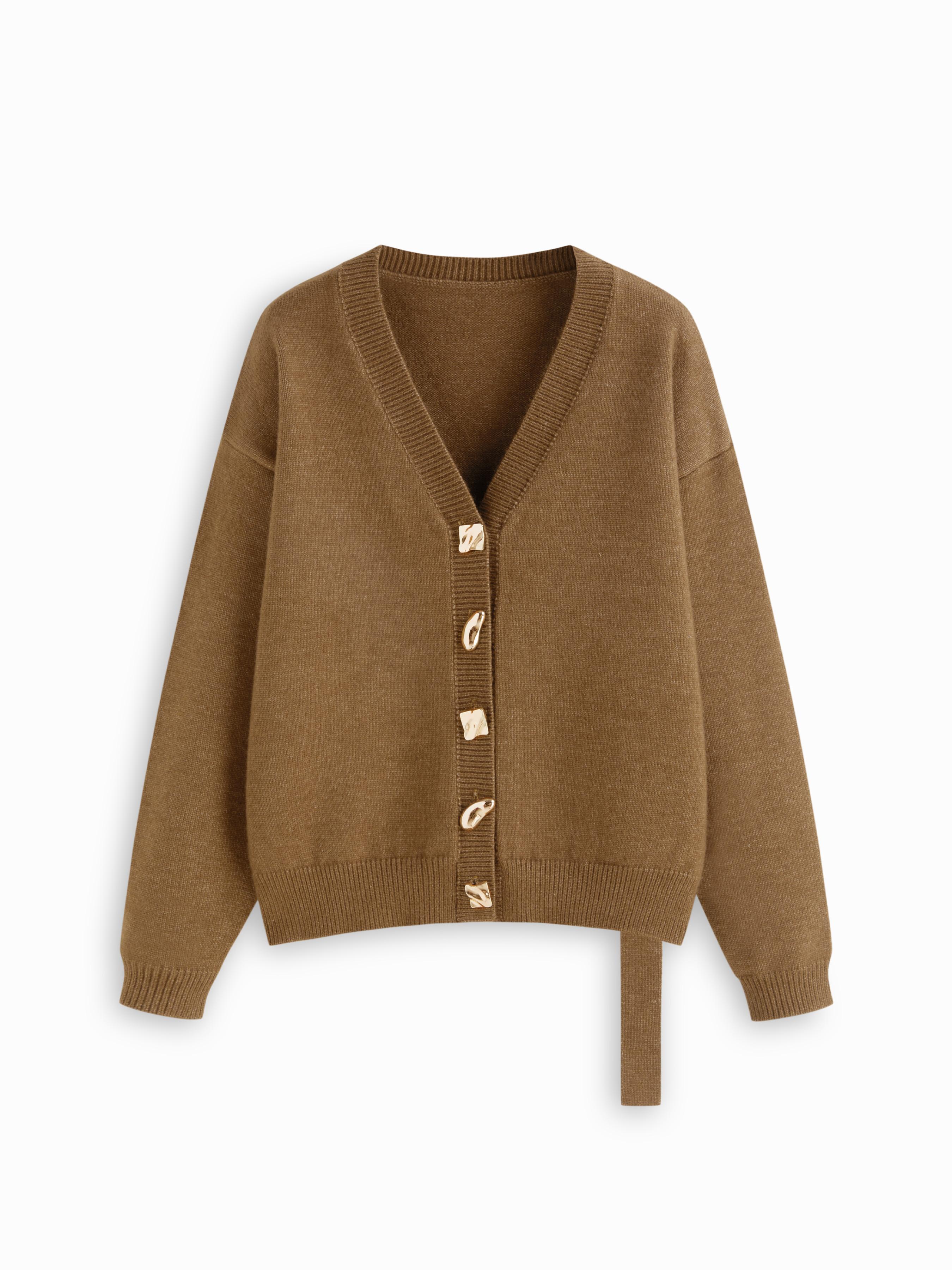 Knit V-neck Belted Metal Button Detail Oversized Cardigan by CIDER