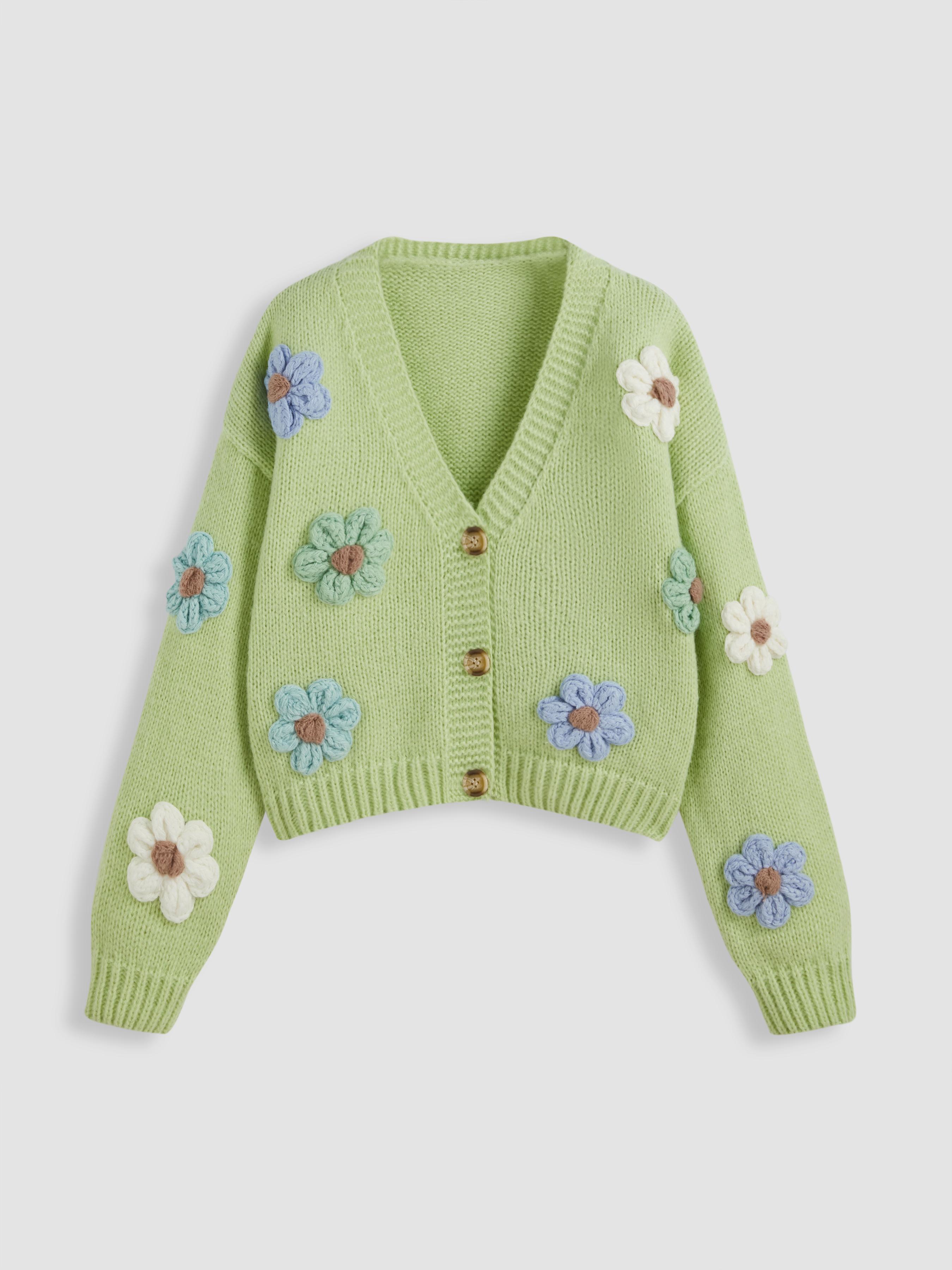 Knit V-neck Button Flower Cardigan by CIDER