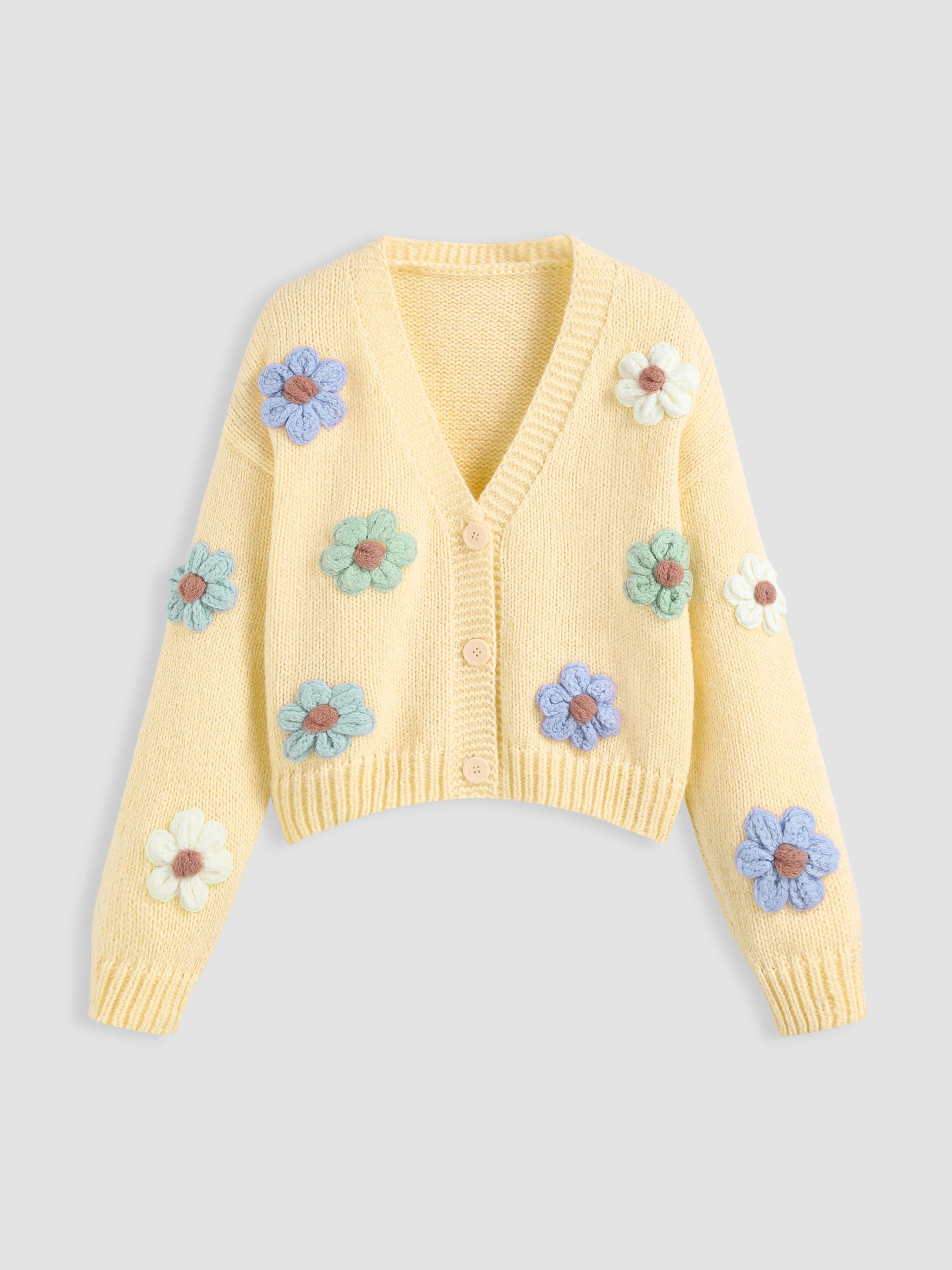 Knit V-neck Button Flower Cardigan by CIDER