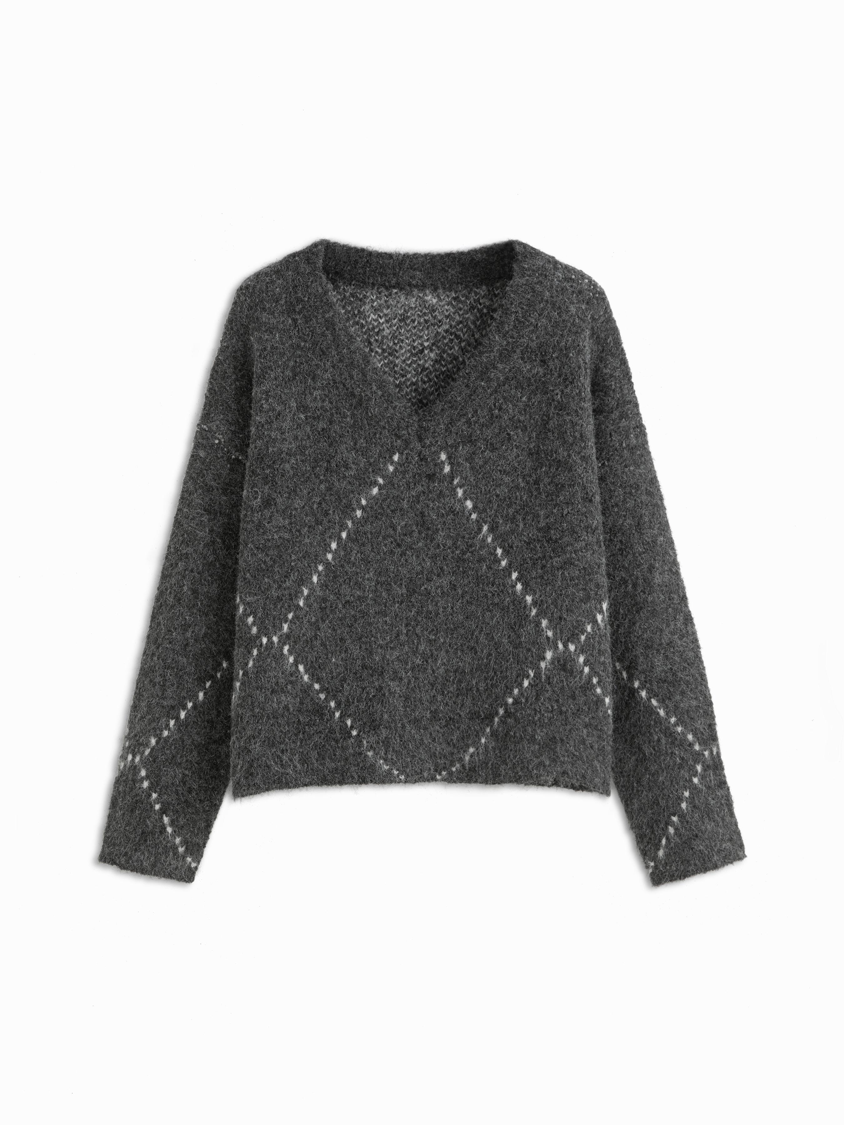 Knit V-neck Checks Long Sleeve Oversized Top by CIDER