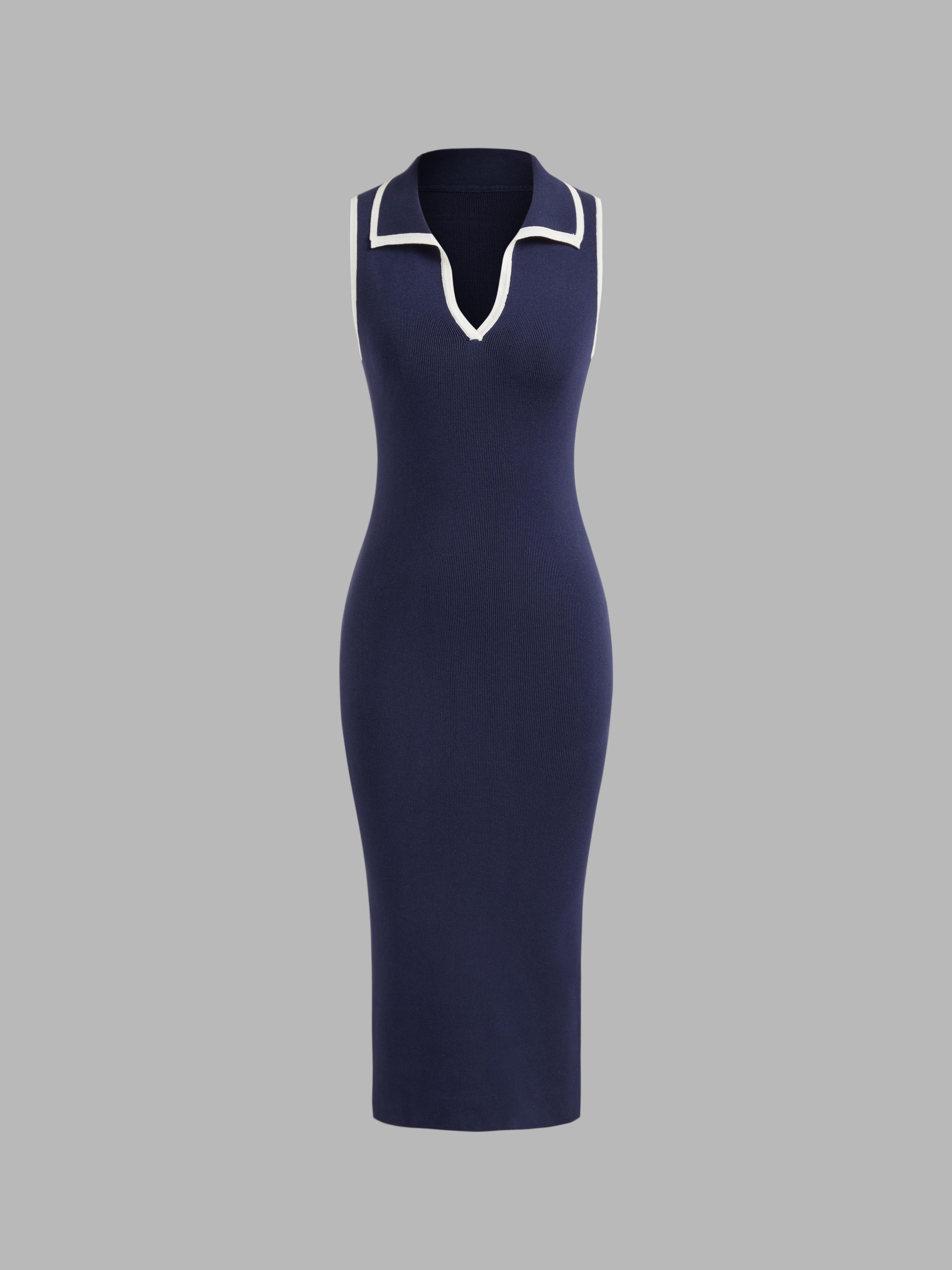 Knit V-neck Contrasting Binding Sleeveless Midi Dress by CIDER