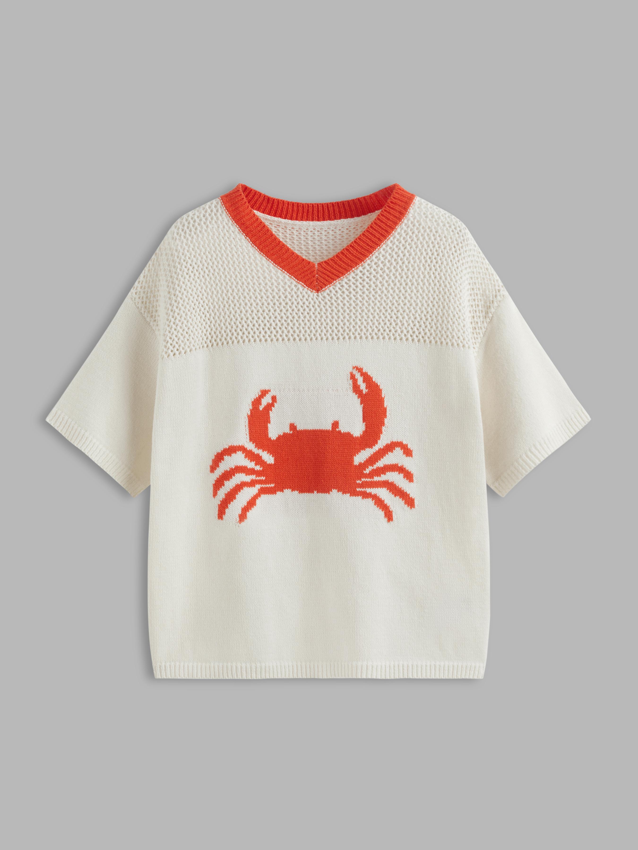 Knit V-neck Crab Hollow Out Contrasting Binding Oversized Top by CIDER