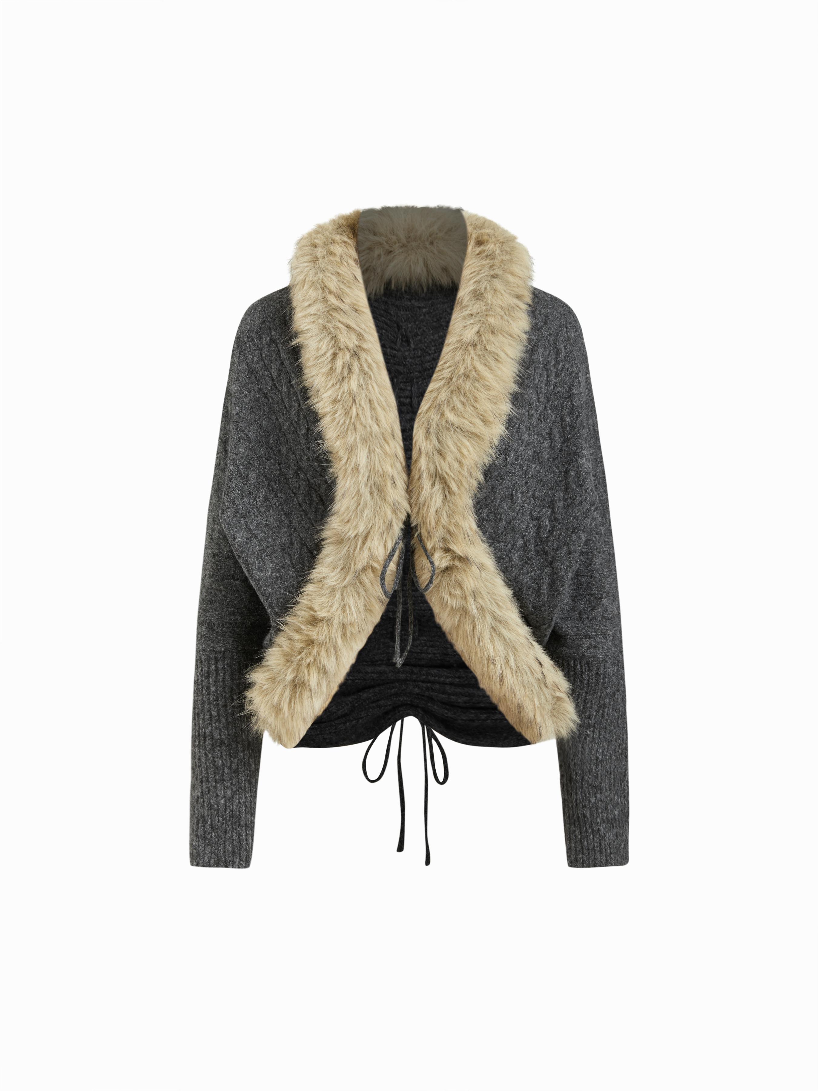 Knit V-neck Faux Fur Trim & Drawstring Oversized Cardigan by CIDER