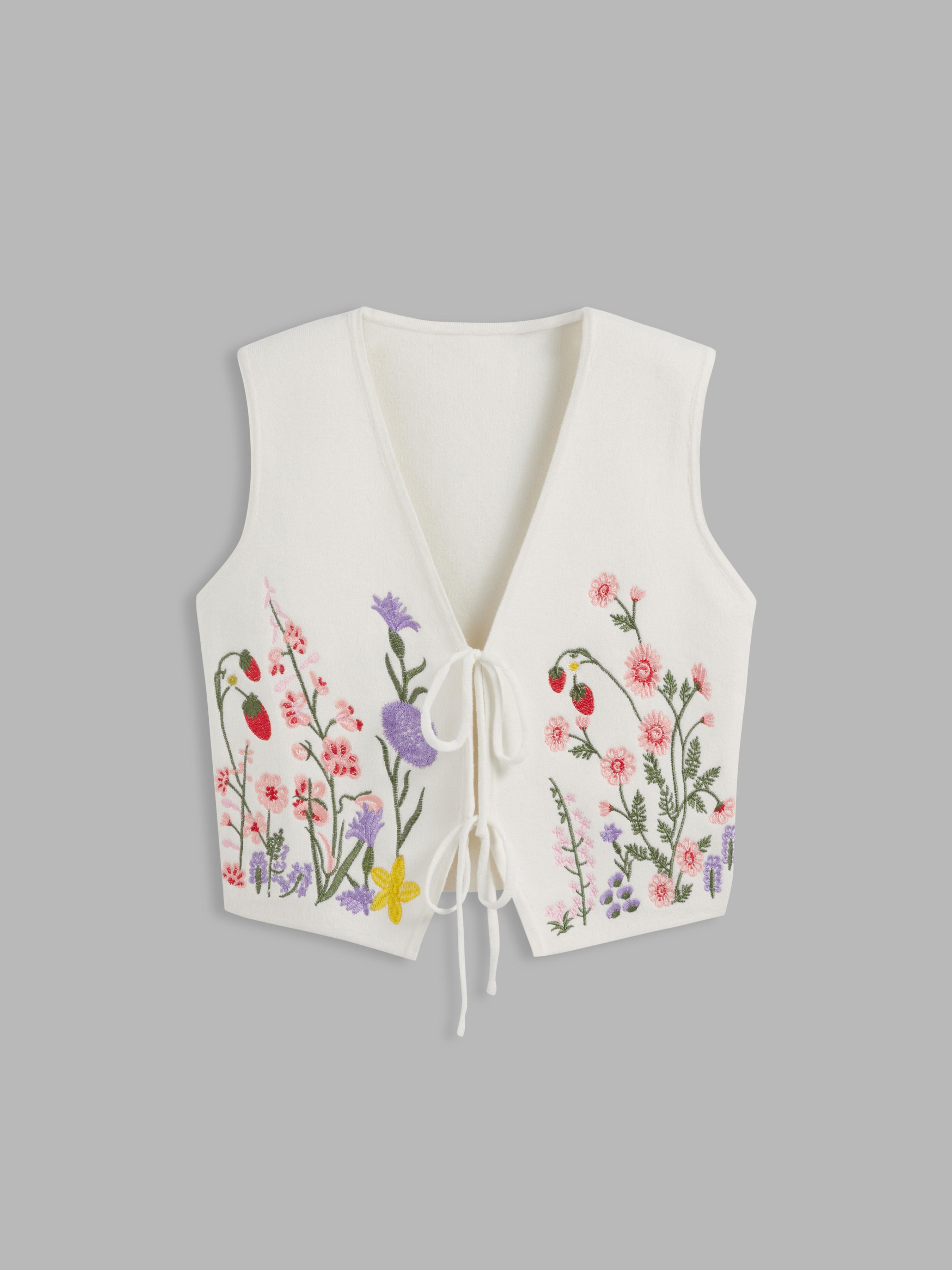 Knit V-neck Floral Embroidery Tie Front Vest by CIDER