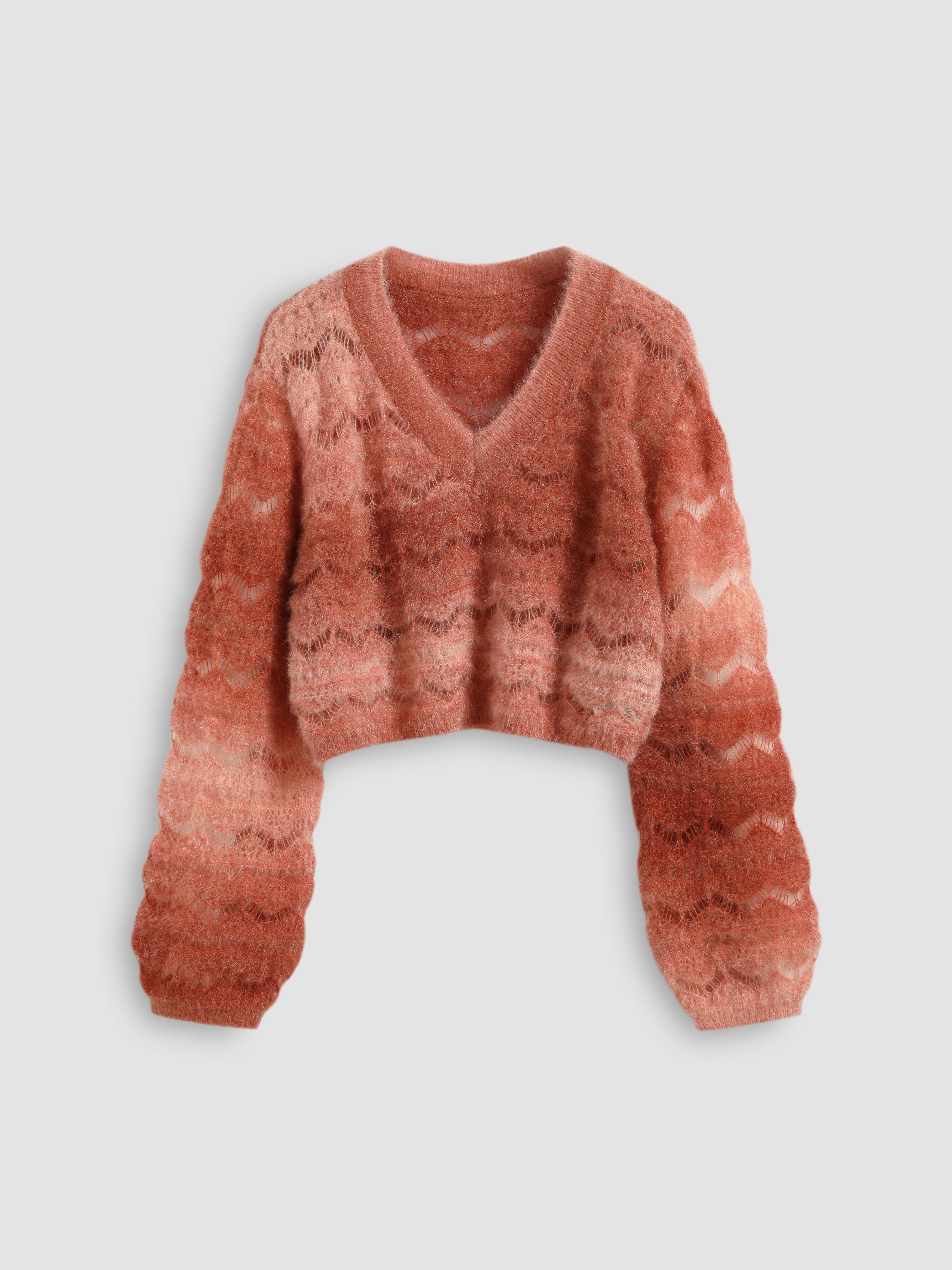 Knit V-neck Hollow Out Long Sleeve Crop Top by CIDER