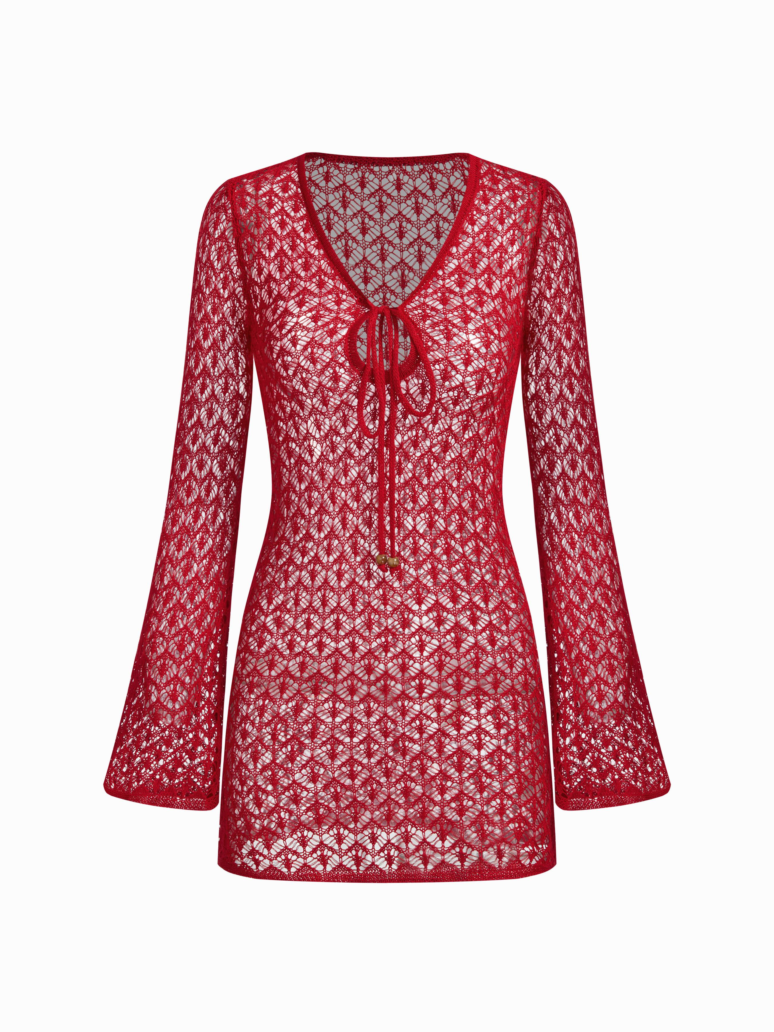 Knit V-neck Hollow Out Tie Front Sheer Cover Up Dress by CIDER