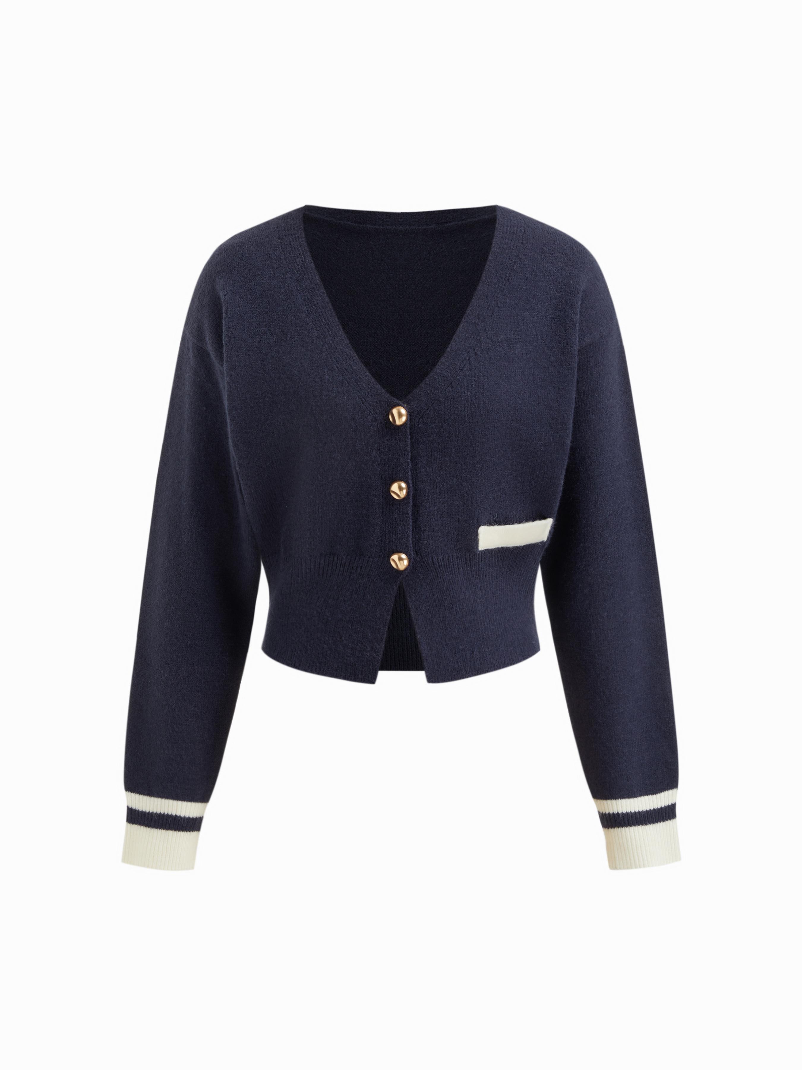 Knit V-neck Long Sleeve Contrasting Binding Metal Button Cardigan by CIDER