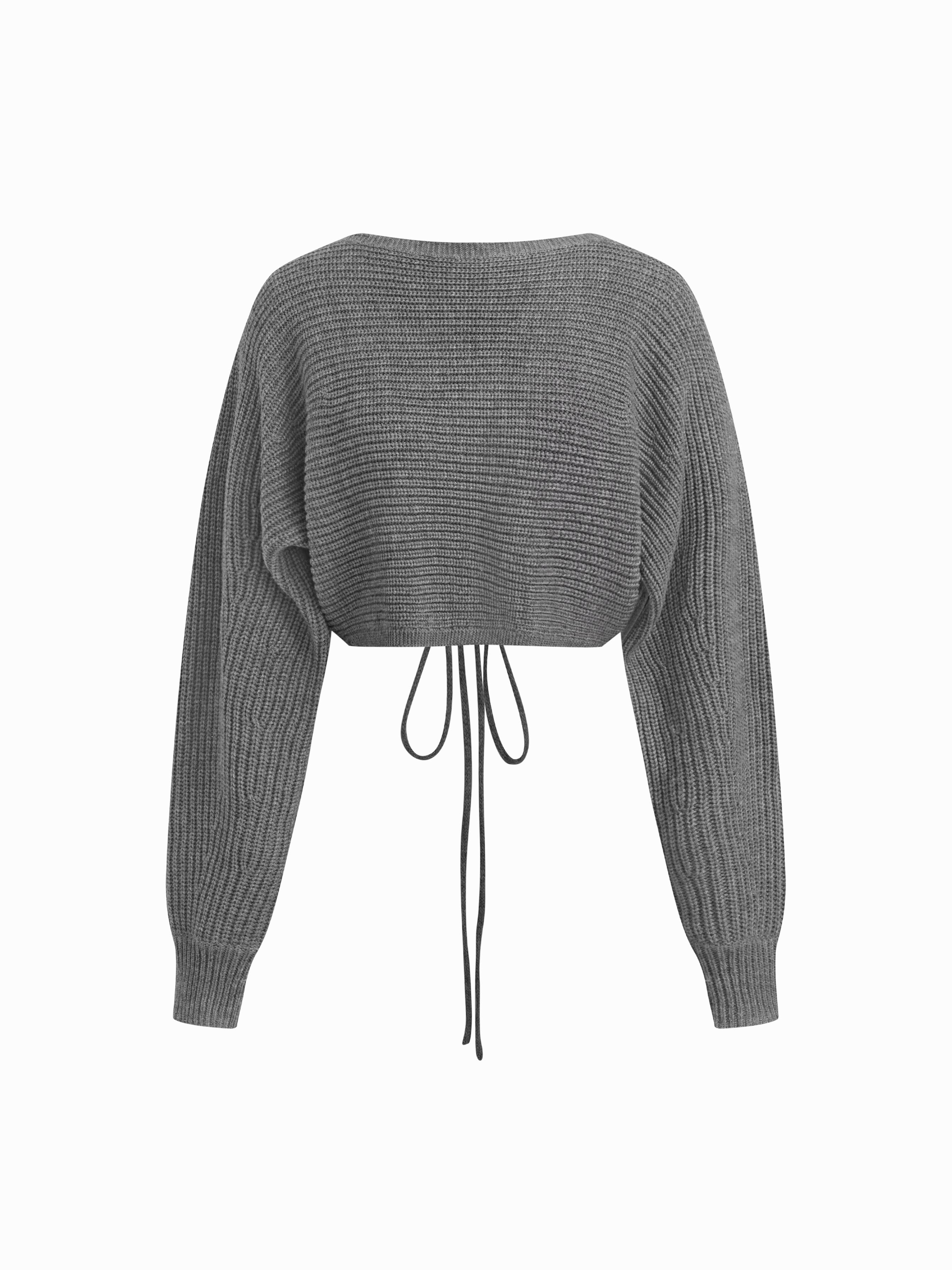 Knit V-neck Long Sleeve Lace Up Crop Top by CIDER
