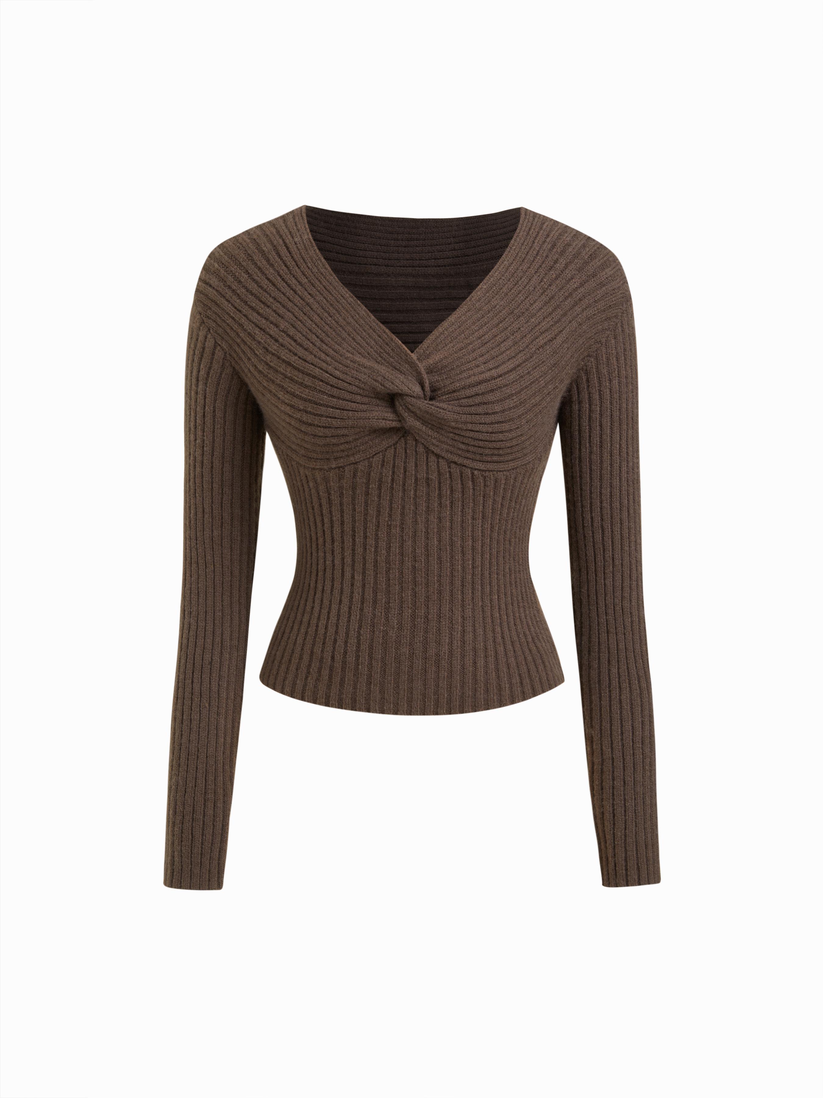 Knit V-neck Long Sleeve Twist Top by CIDER