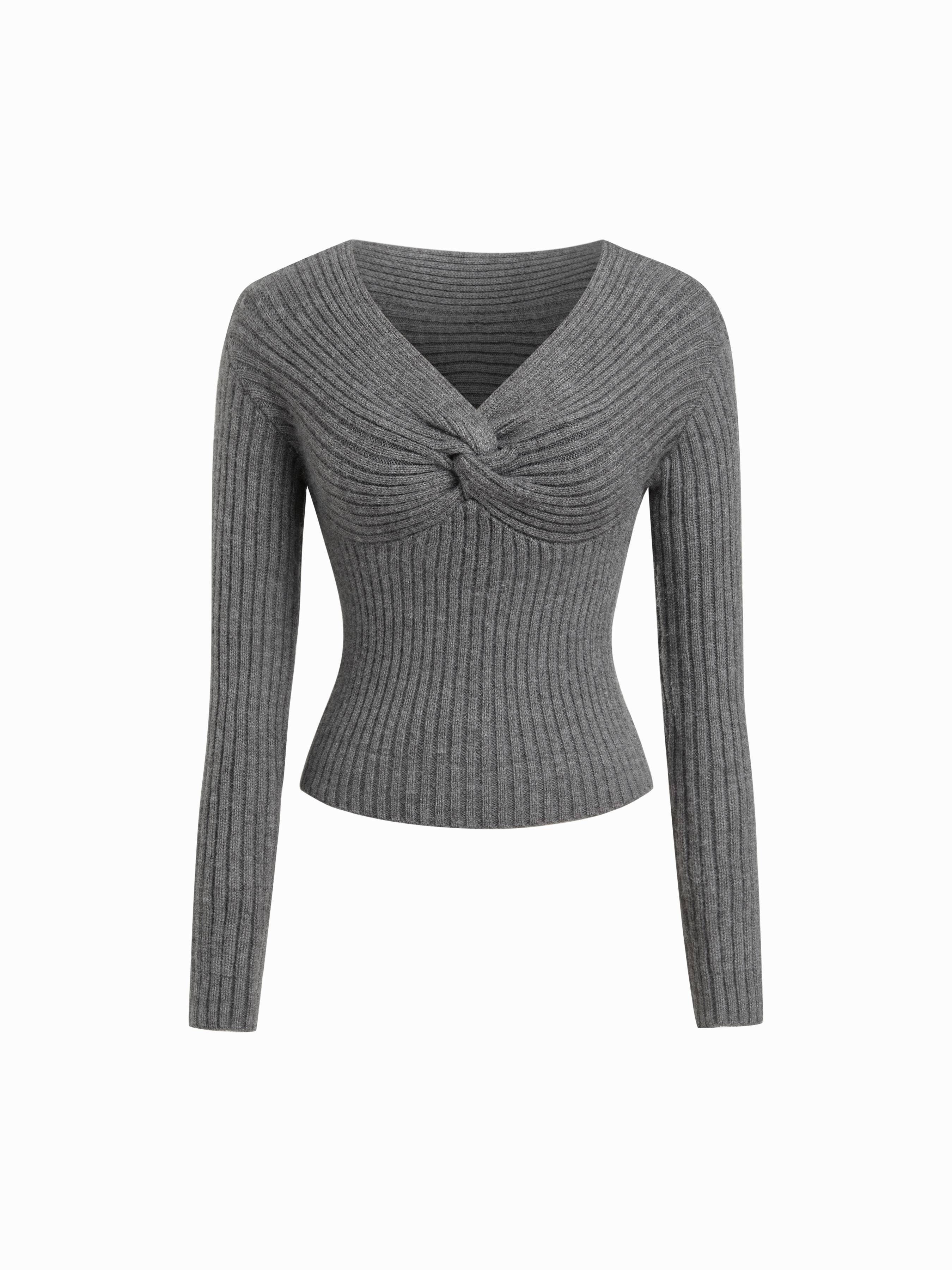 Knit V-neck Long Sleeve Twist Top by CIDER