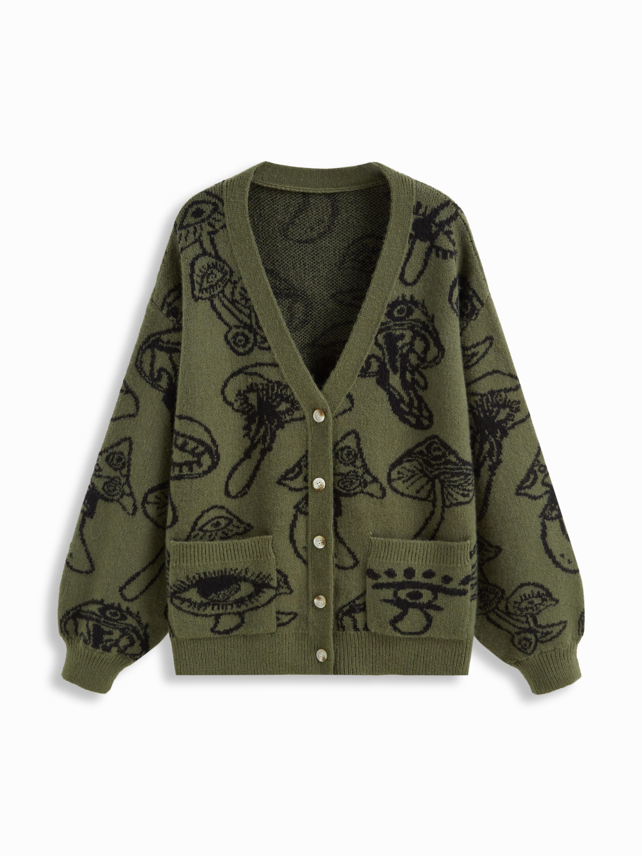 Knit V-neck Mushroom Graphic Cardigan by CIDER