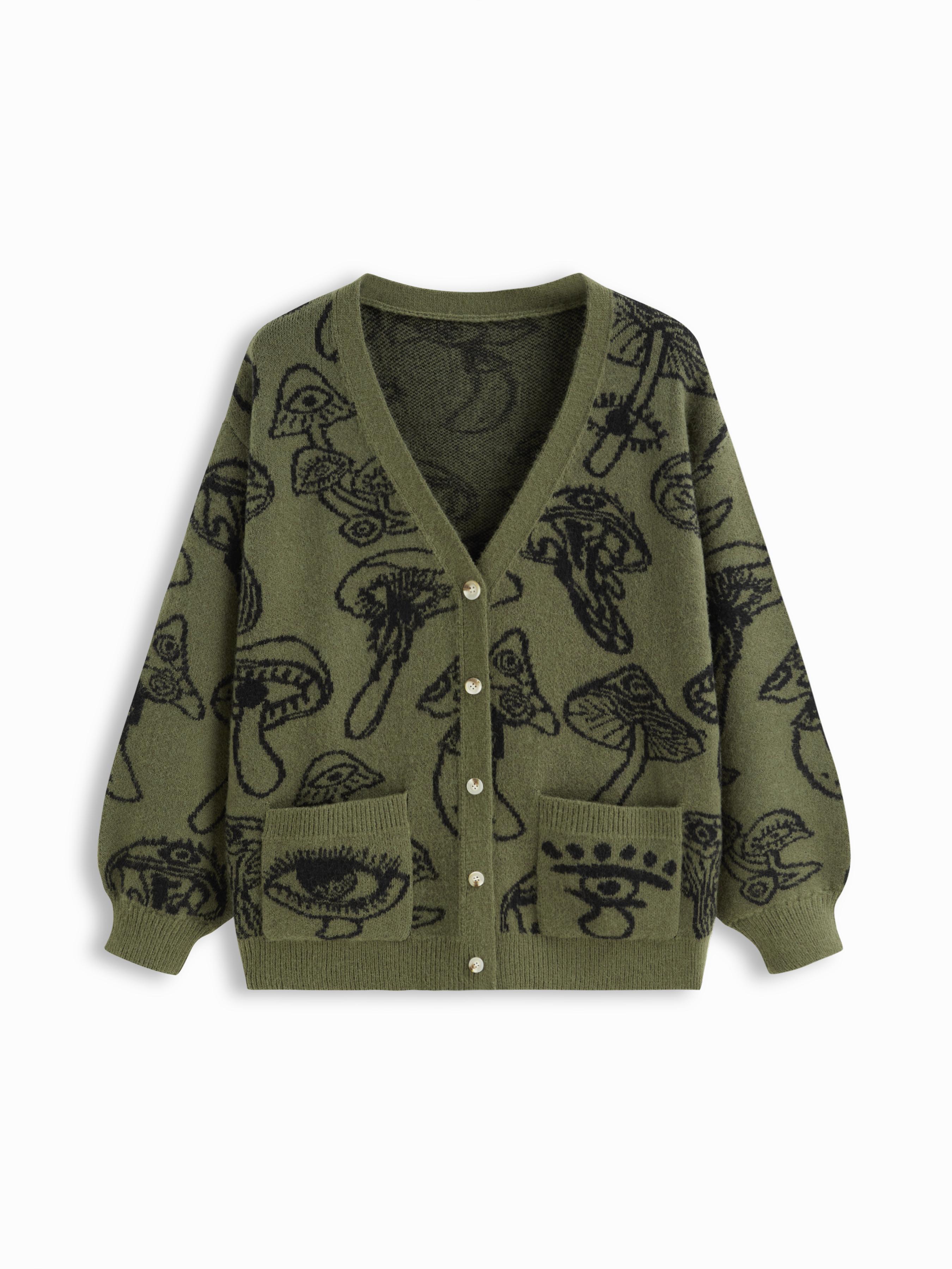 Knit V-neck Mushroom Graphic Cardigan Curve & Plus by CIDER