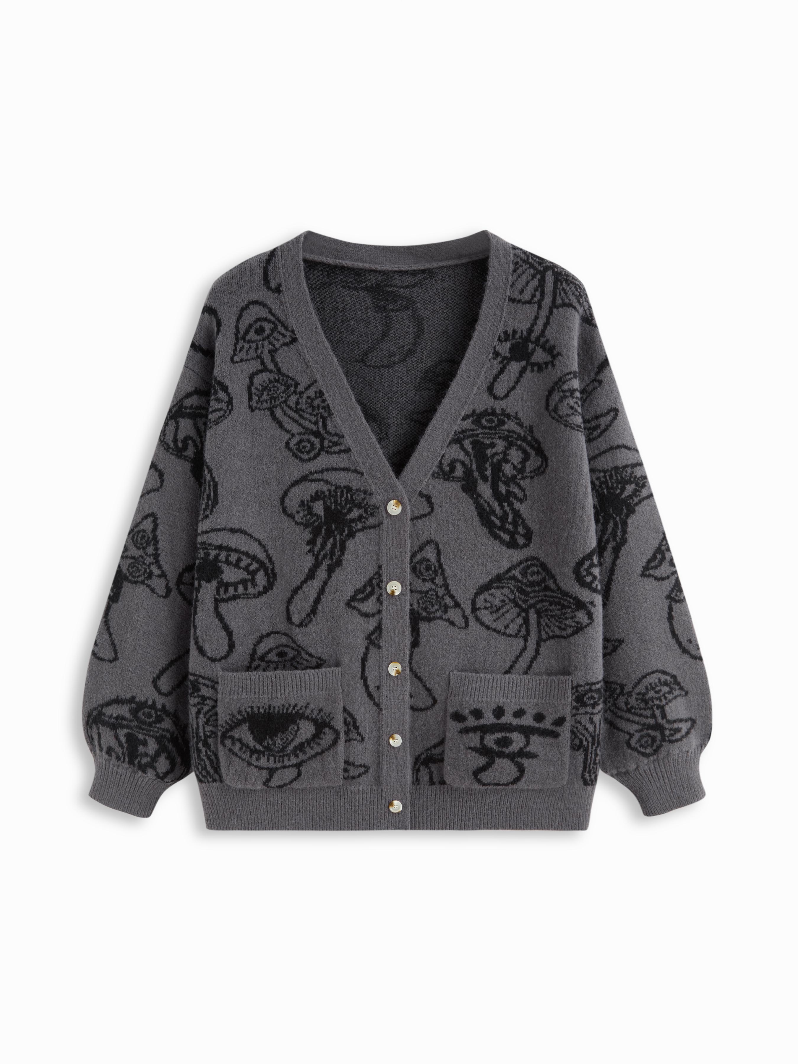 Knit V-neck Mushroom Graphic Cardigan Curve & Plus by CIDER