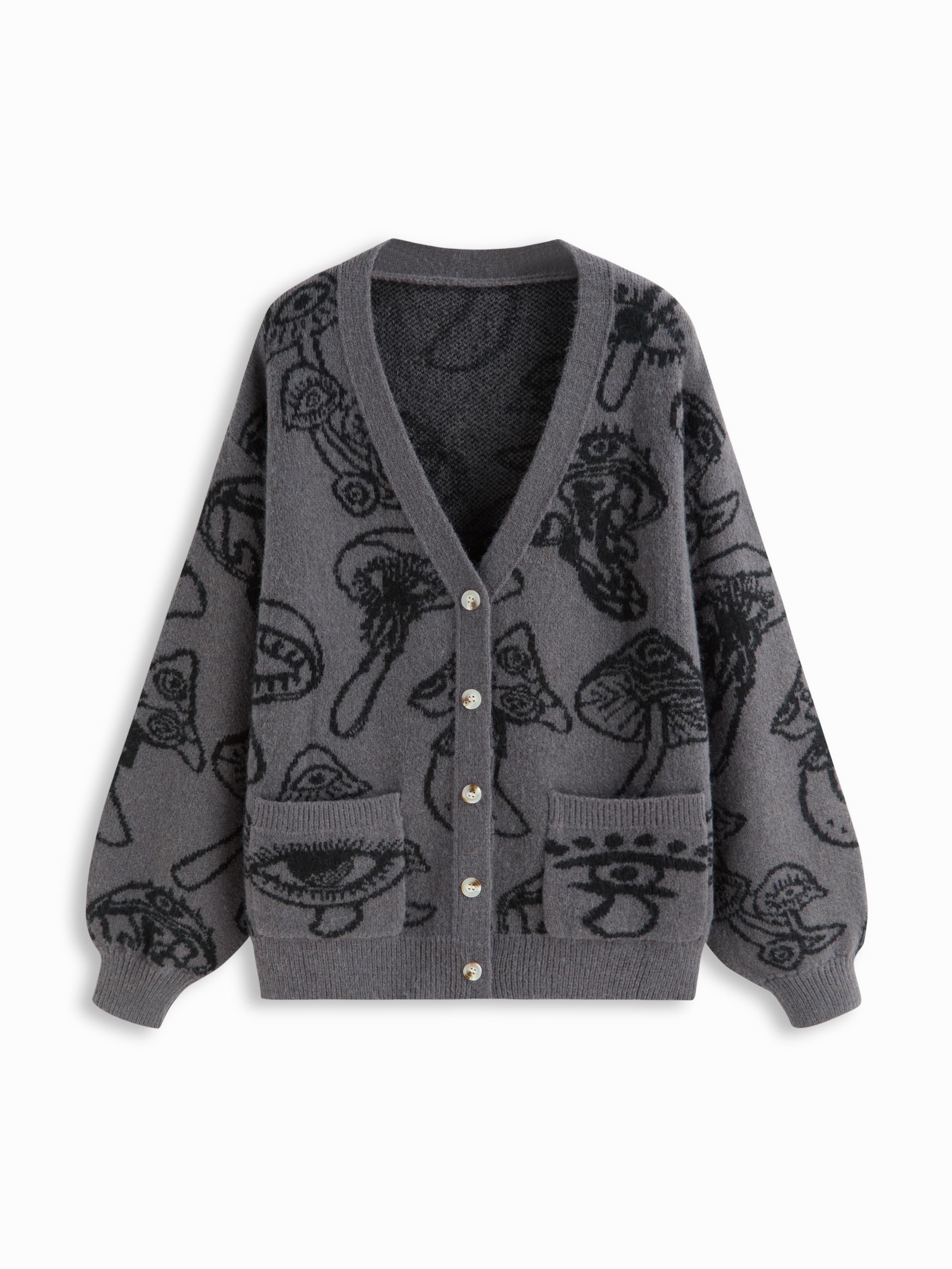 Knit V-neck Mushroom Graphic Cardigan by CIDER