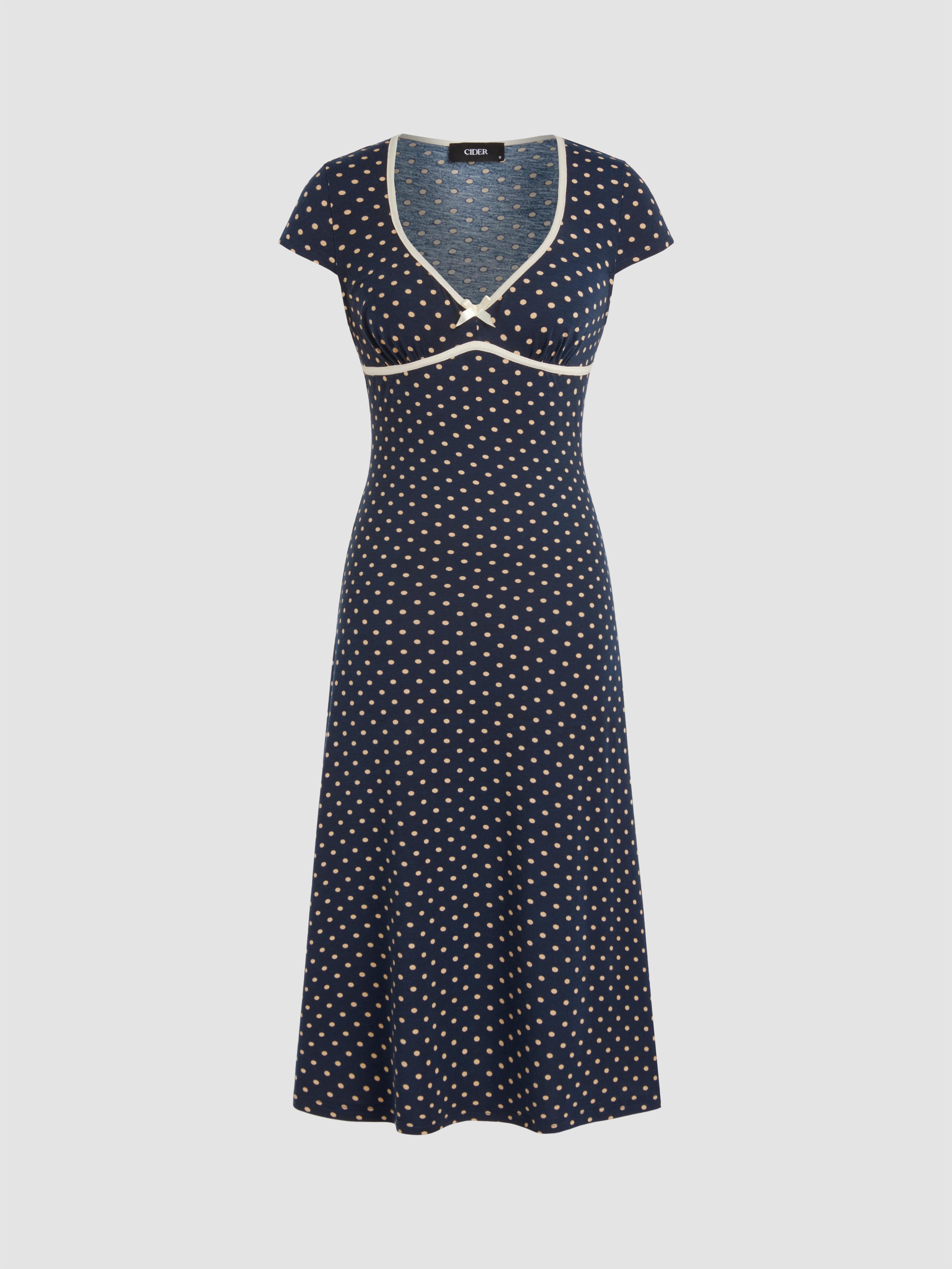 Knit V-neck Polka Dot Bowknot Midi Dress by CIDER