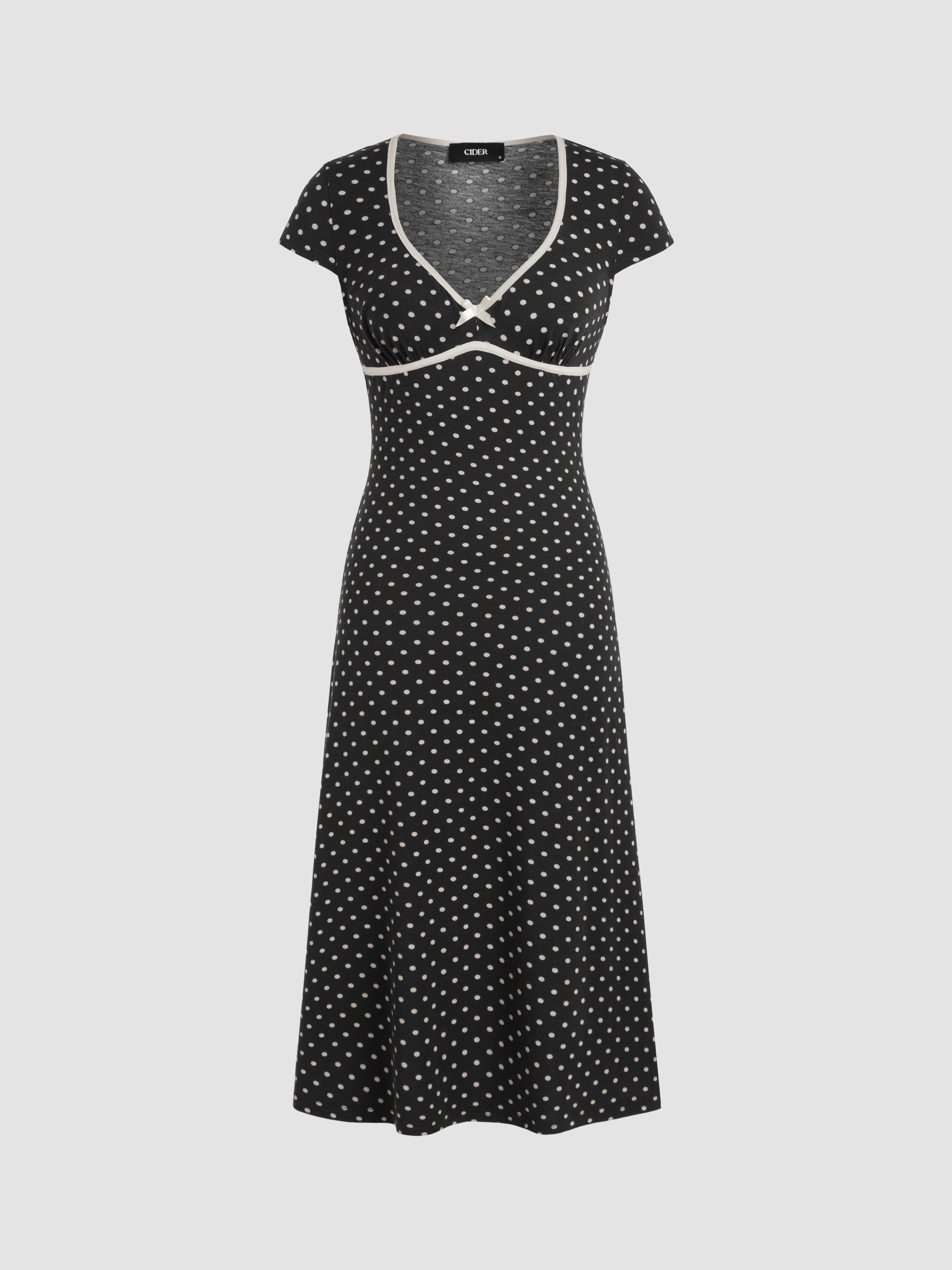 Knit V-neck Polka Dot Bowknot Midi Dress by CIDER
