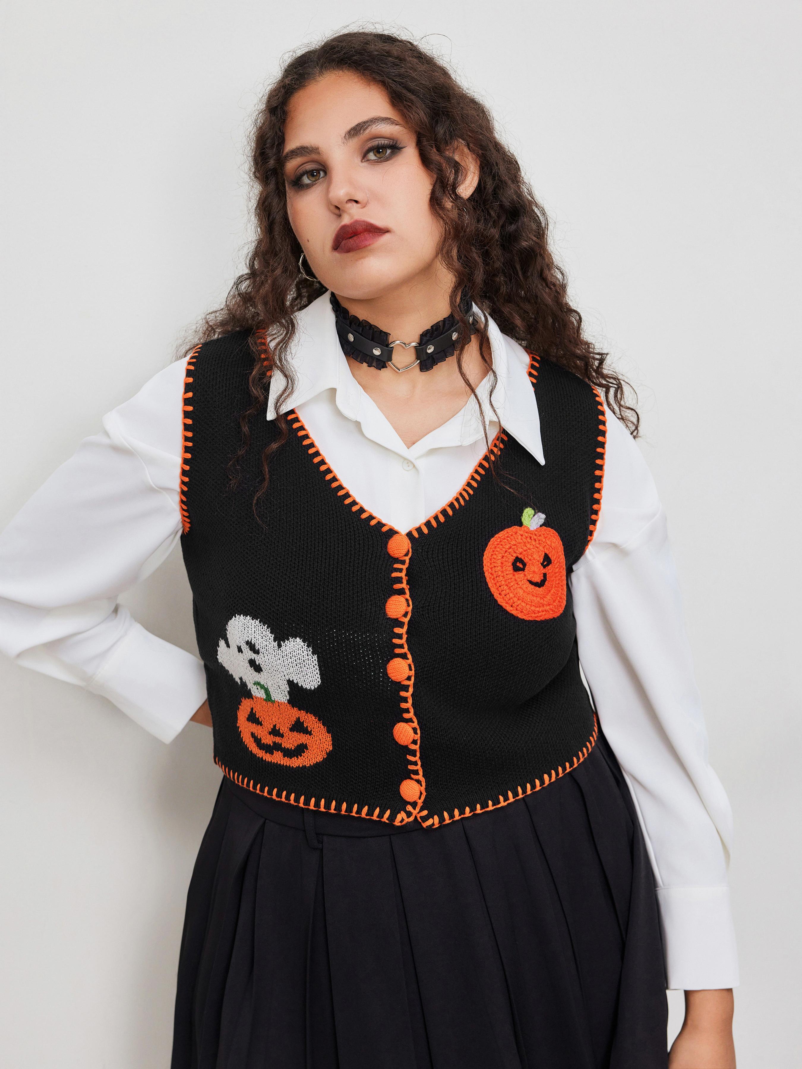 Knit V-neck Pumpkin Ghost Contrasting Binding Vest Curve & Plus by CIDER