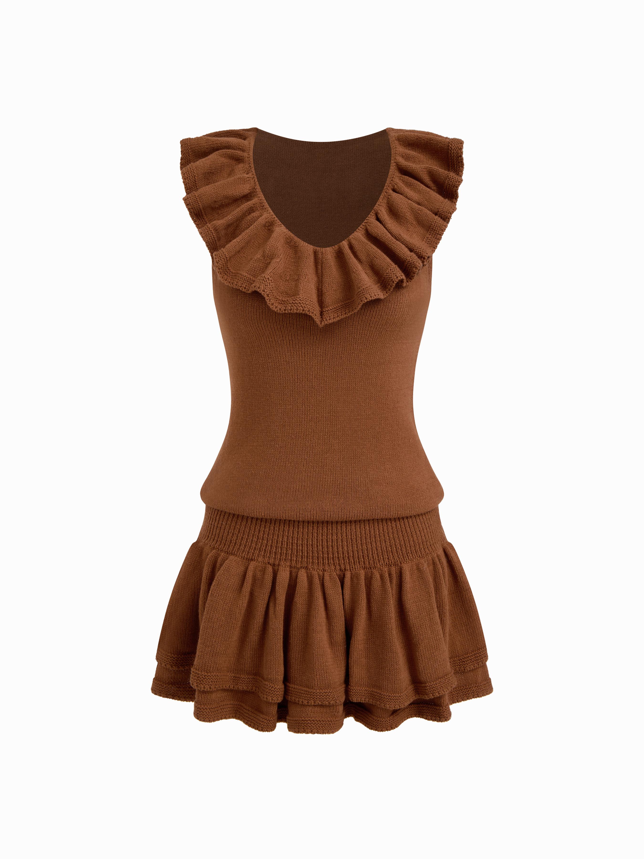 Knit V-neck Ruffle Layered Mini Dress by CIDER