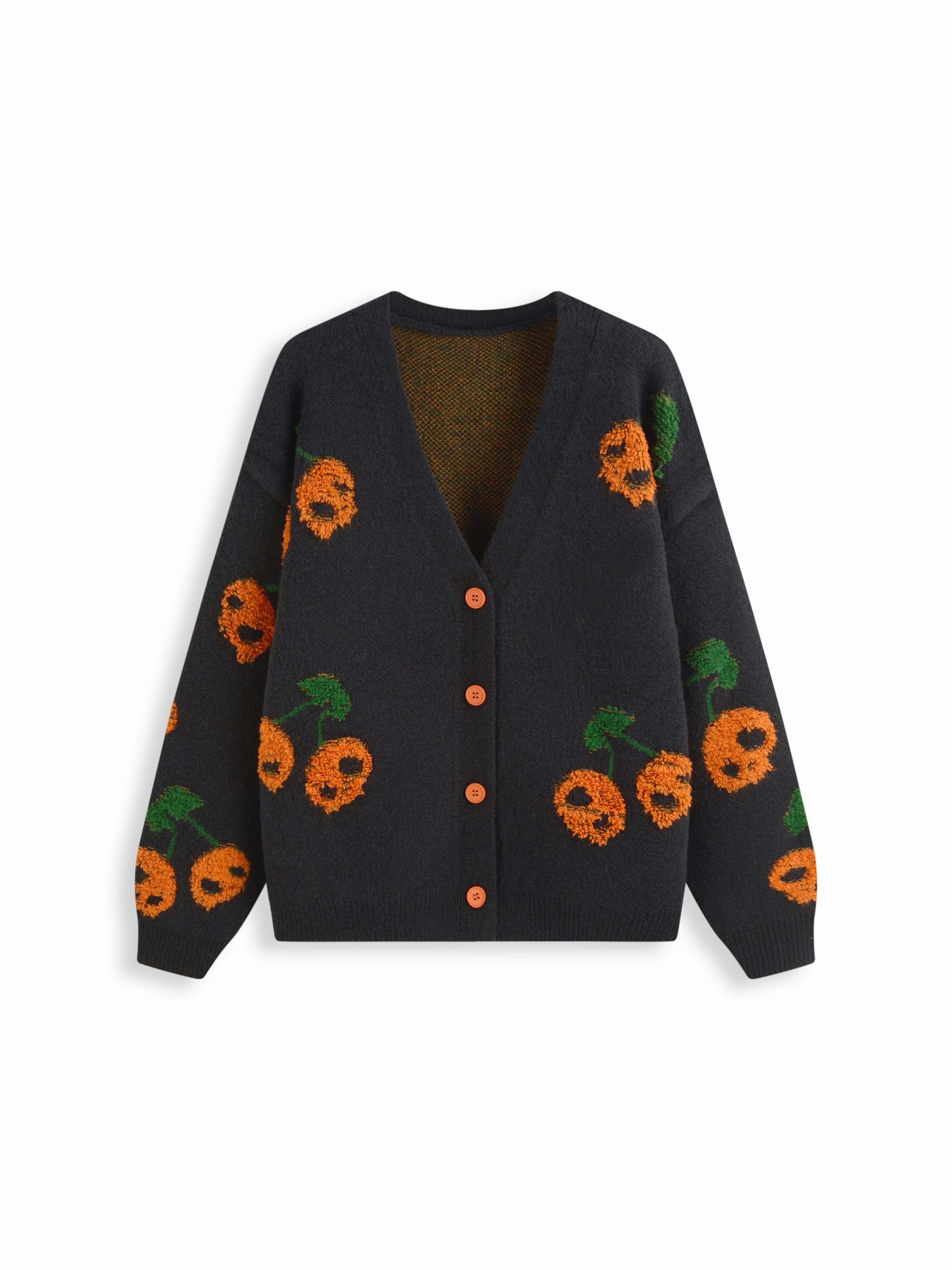 Knit V-neck Skeleton Cherry Pattern Oversized Cardigan by CIDER