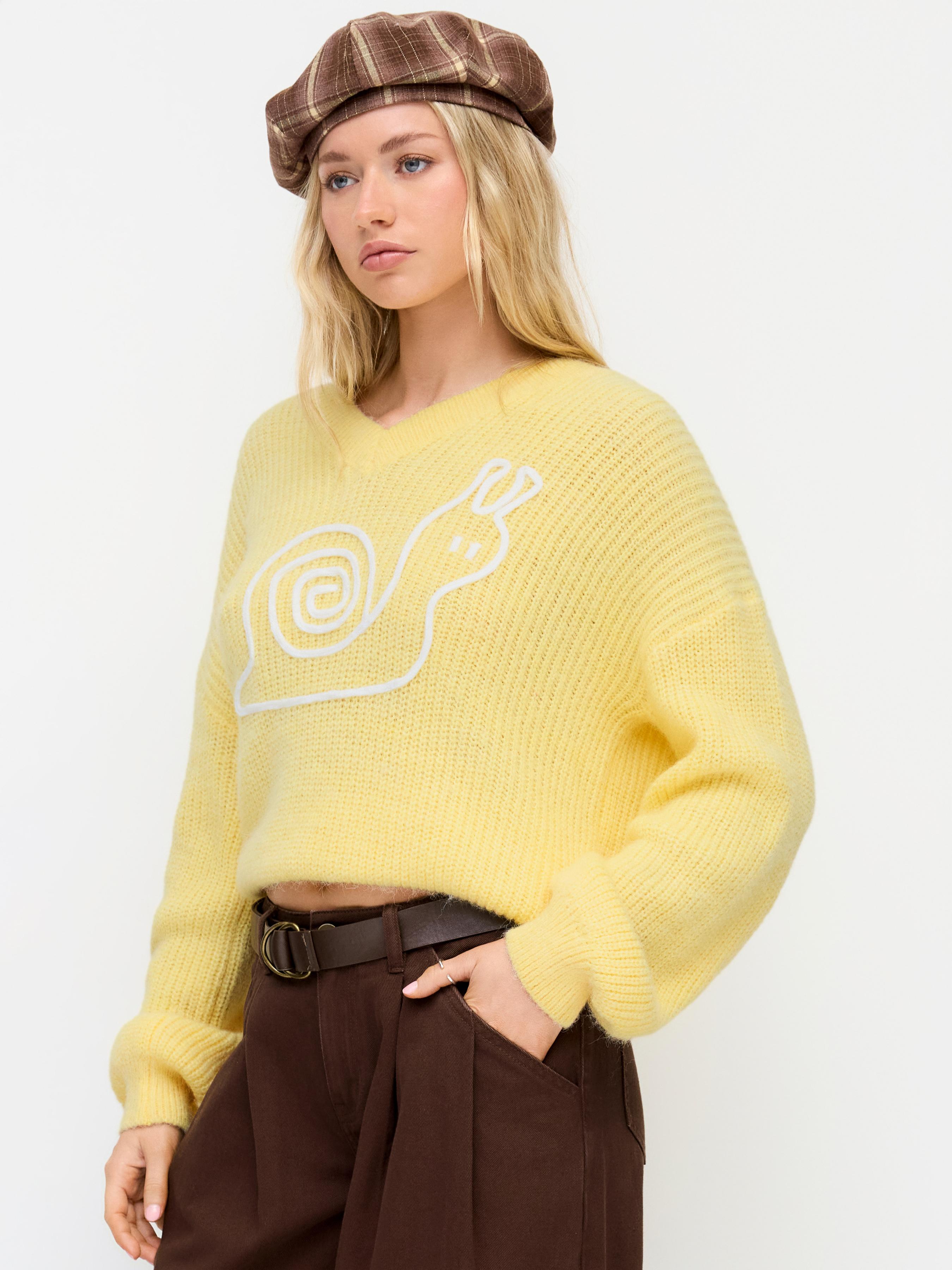 Knit V-neck Snail Graphic Long Sleeve Oversized Sweater by CIDER